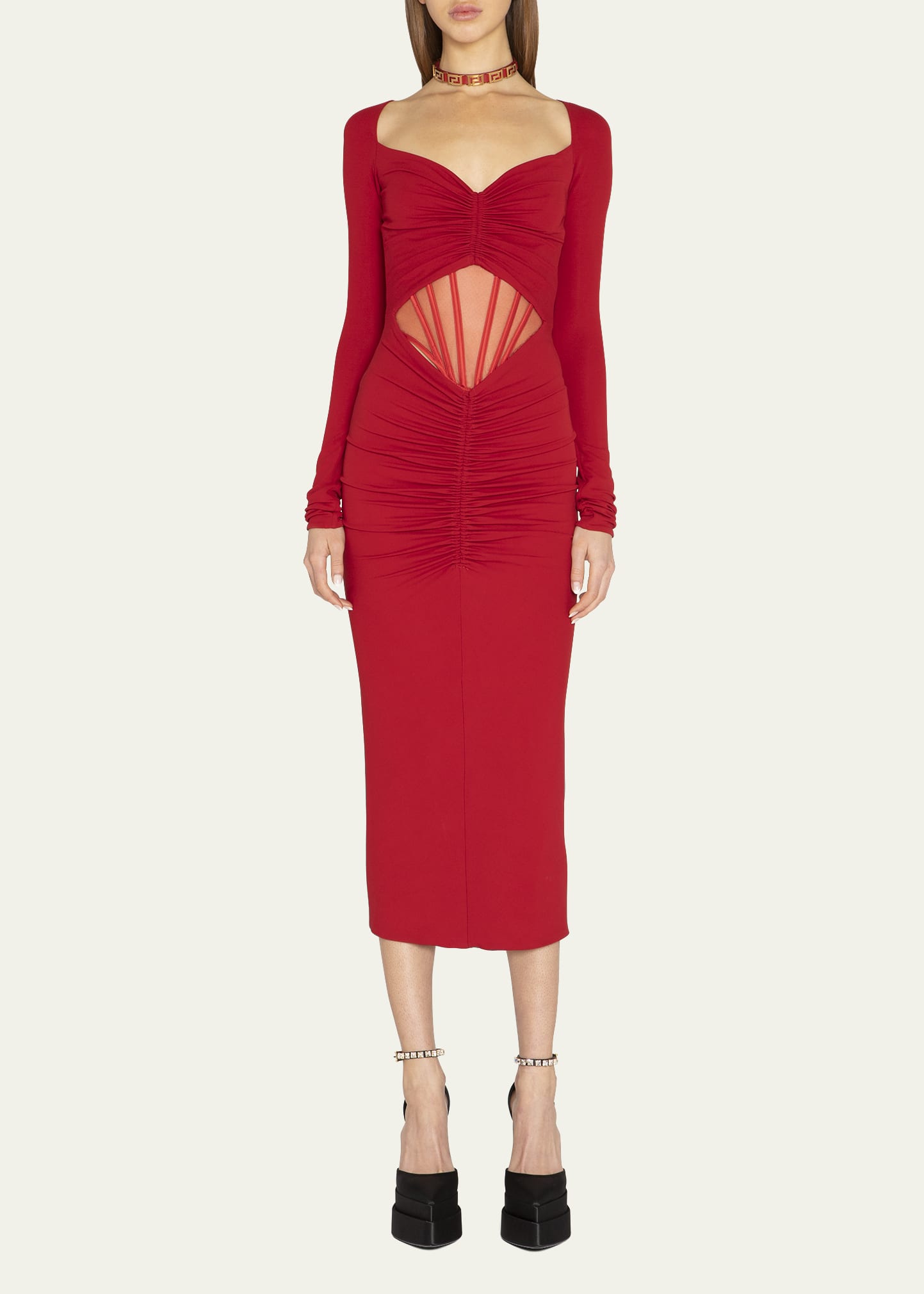 Versace Corset Cutout Ruched Long Sleeve Jersey Midi Dress In Dark Red