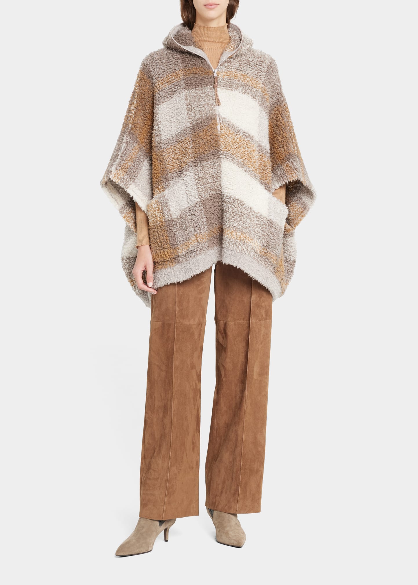 Brunello Cucinelli Check-pattern Cashmere Poncho In Csj87 Grey Brown