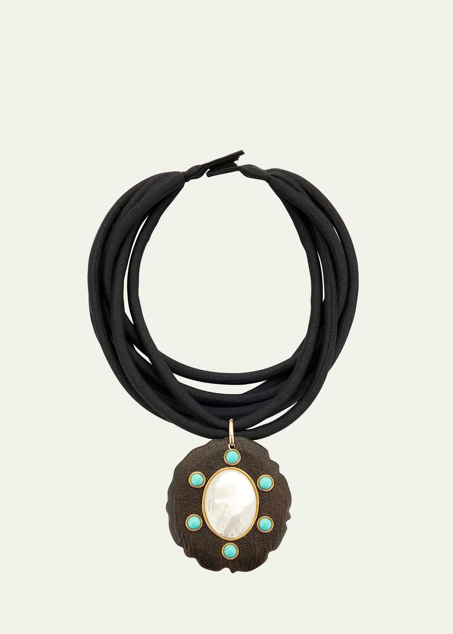 Grazia And Marica Vozza Ebony Circle Charm with Mother-of-Pearl and Turquoise on Silk Cord Necklace