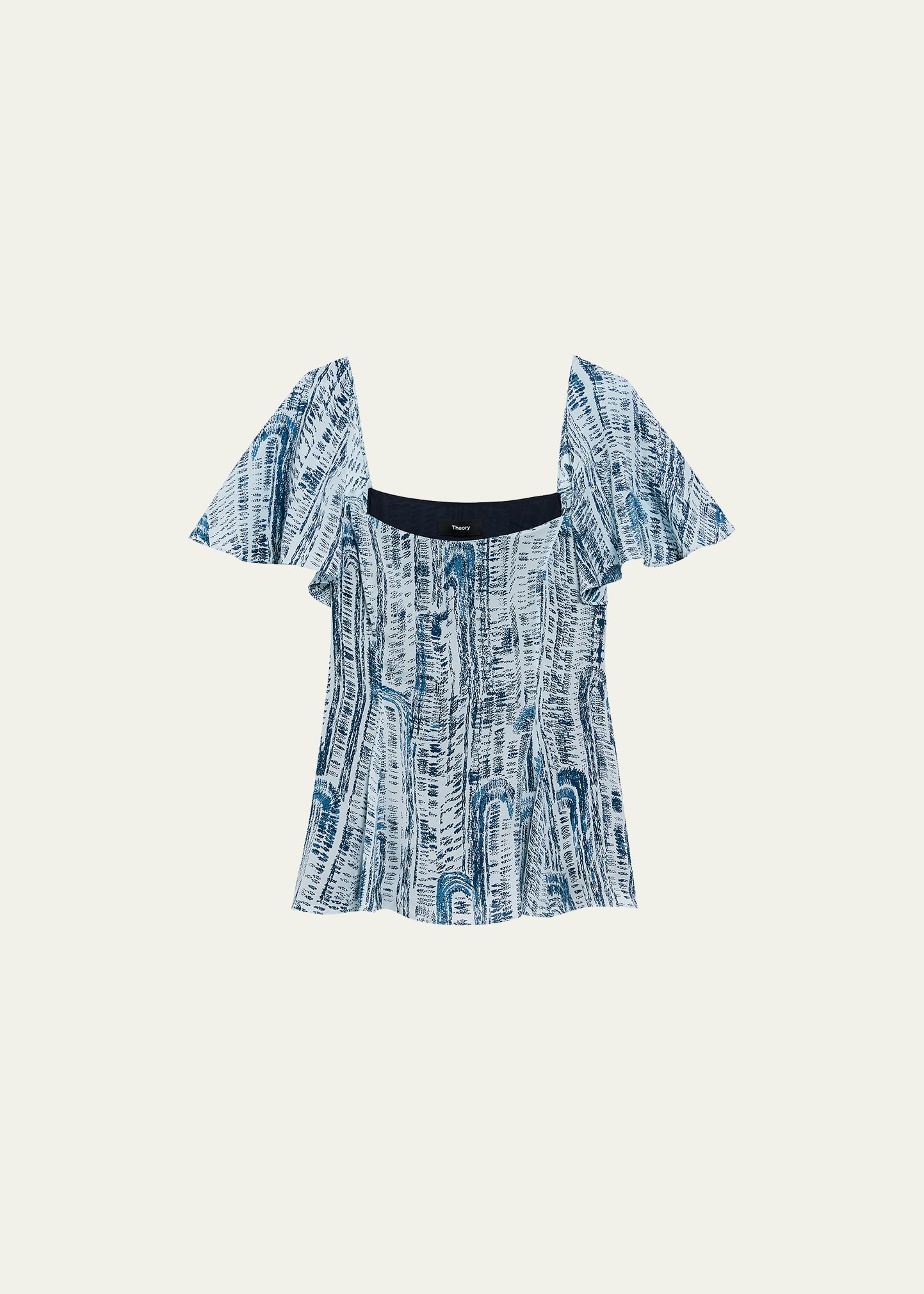 Theory Short-sleeve Godet Printed Silk Top In Teal Multi