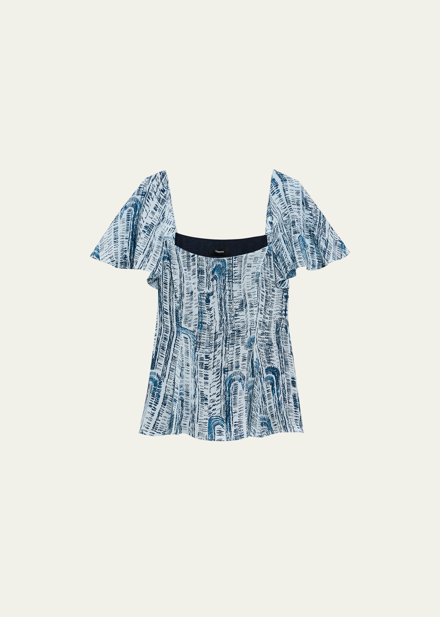 Shop Theory Short-sleeve Godet Printed Silk Top In Teal Multi