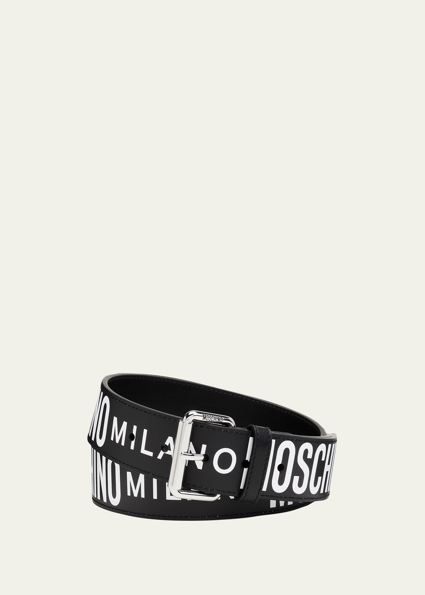 MOSCHINO MEN'S ALLOVER LOGO TWO-TONE LEATHER BELT