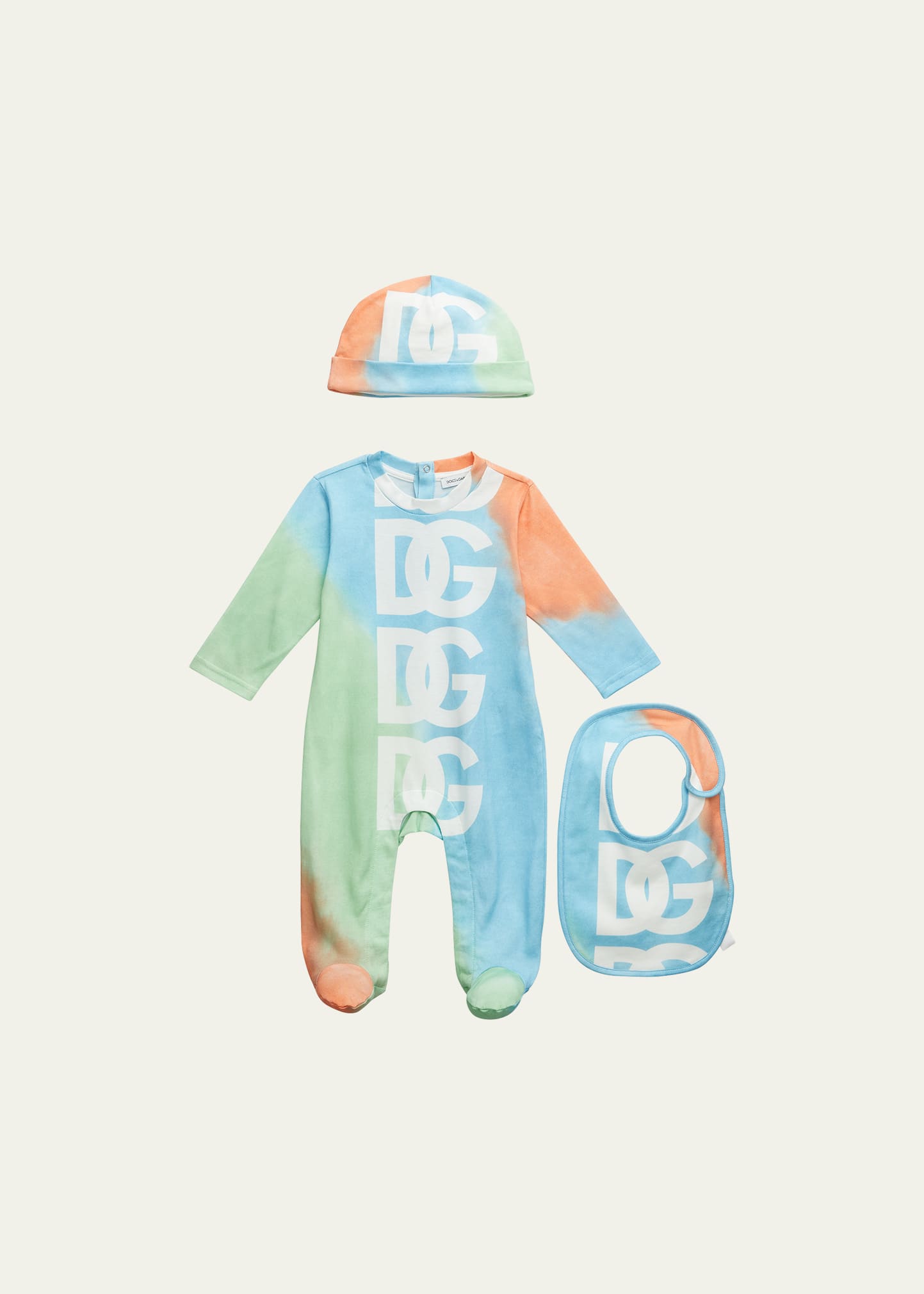 Kid's Tie Dye Logo-Print Footed Coverall W/ Hat & Bib Set, Size Newborn-18M
