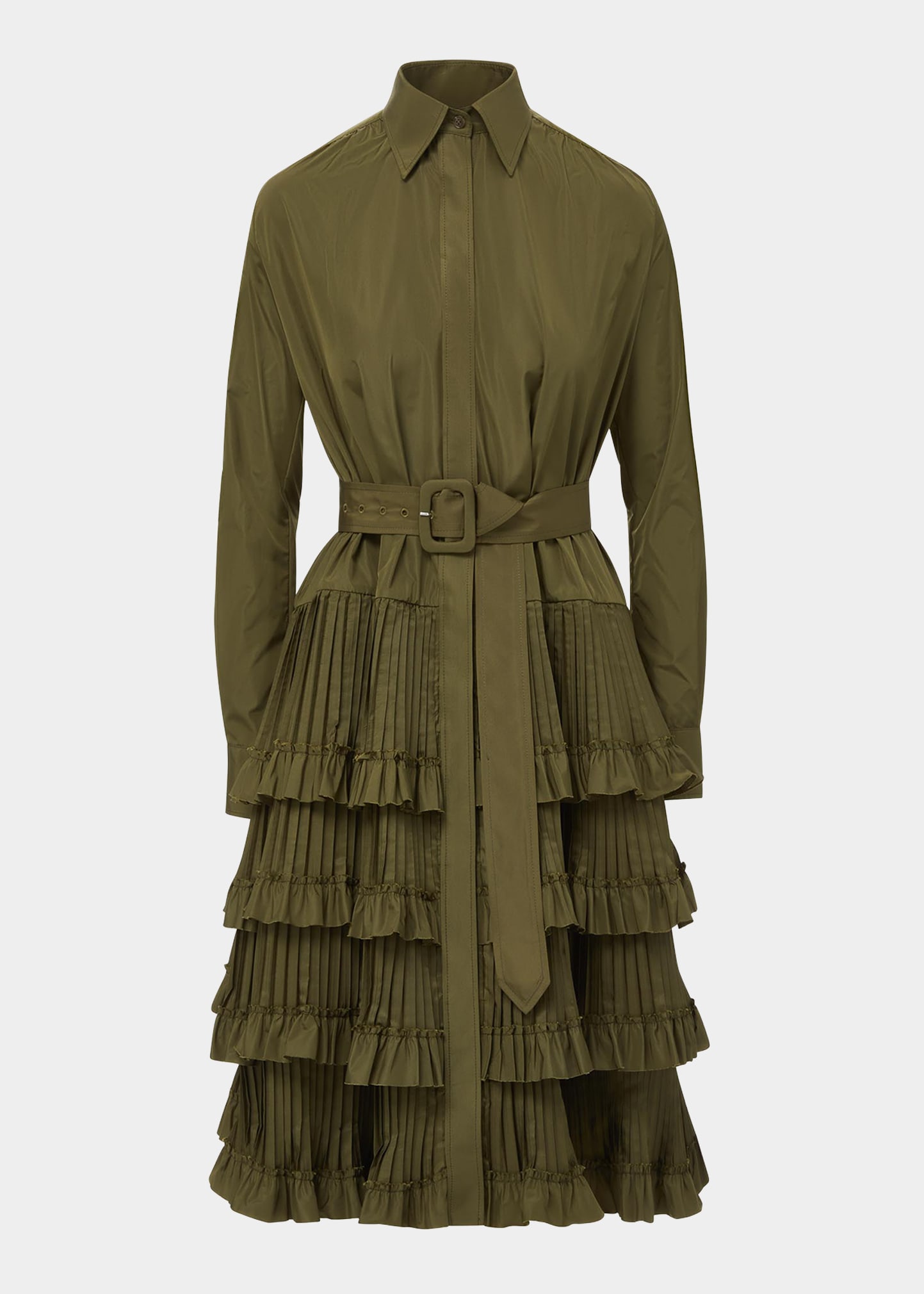 Pleated Tiered Ruffle Belted Shirtdress