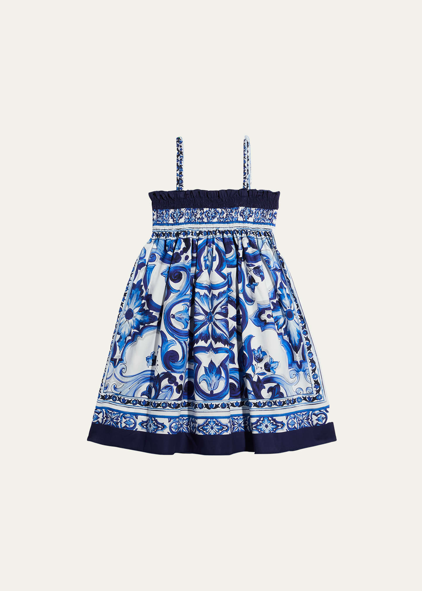Dolce & Gabbana Kids' Girl's Blue Mediterraneo Majolica Poplin Smocked Sundress In Tris Maioliche Fb