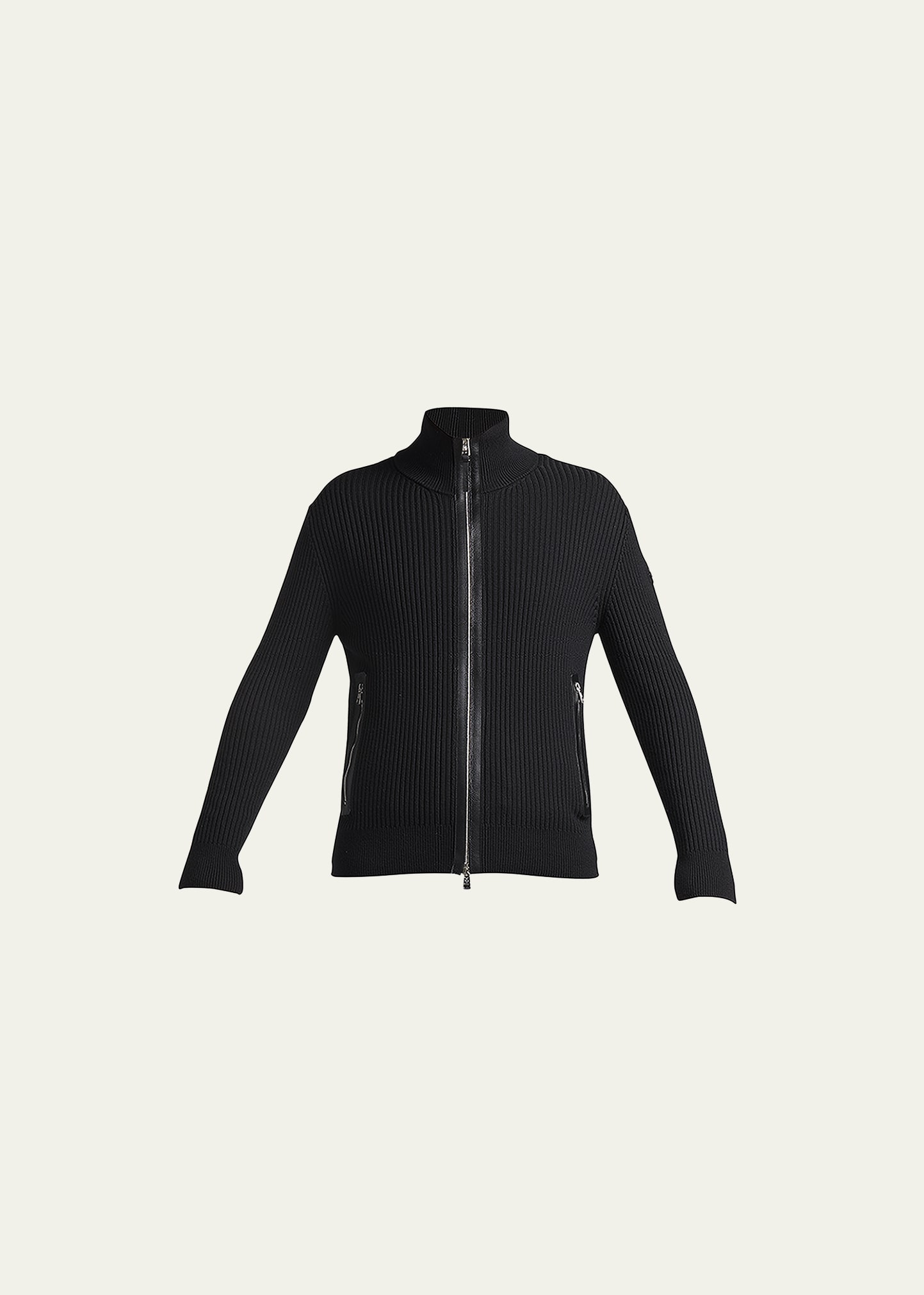 Shop Moncler Men's Ribbed Leather-trim Cardigan Sweater In Black