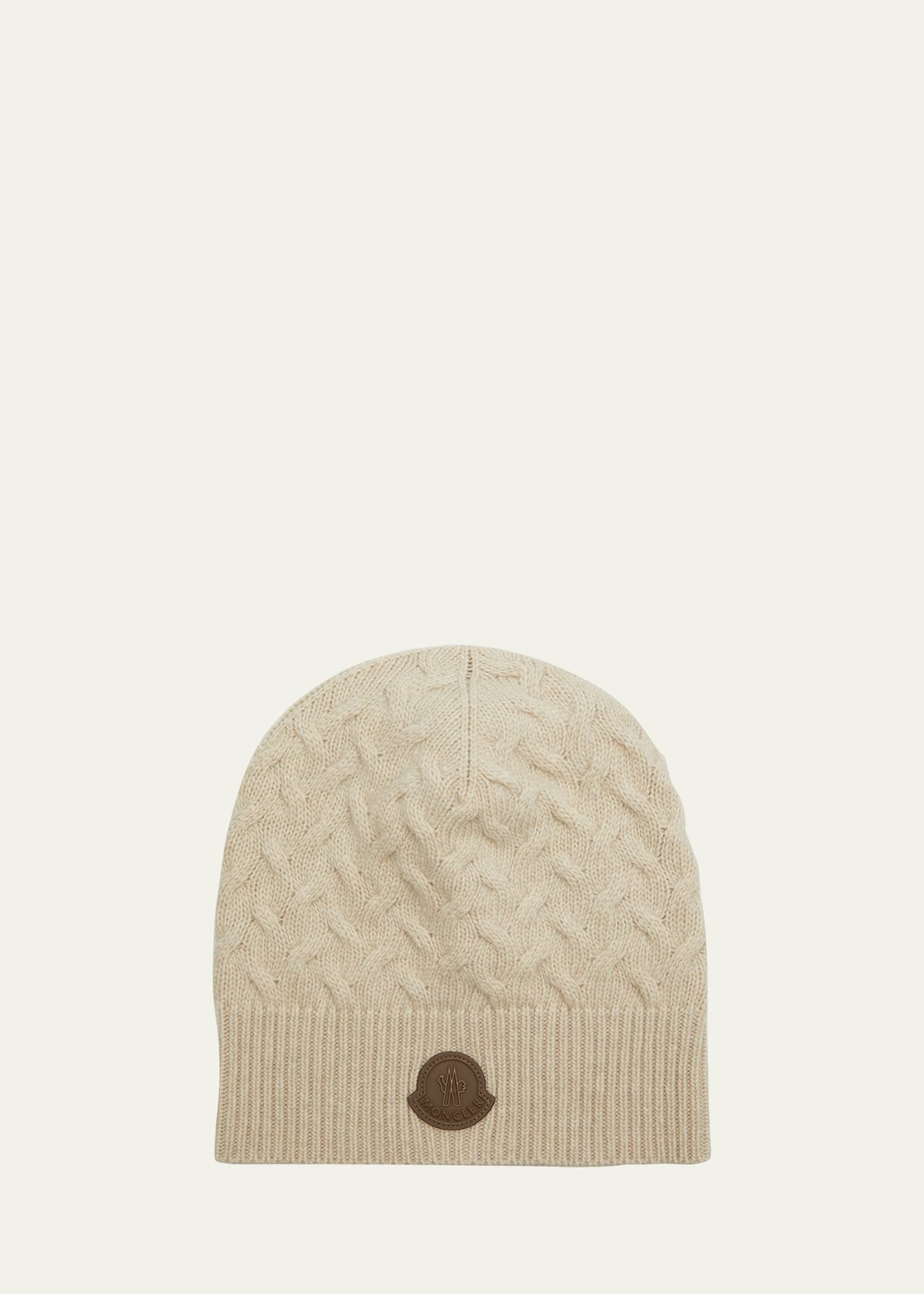 Moncler Men's Cable-knit Beanie With Leather Patch In Camel