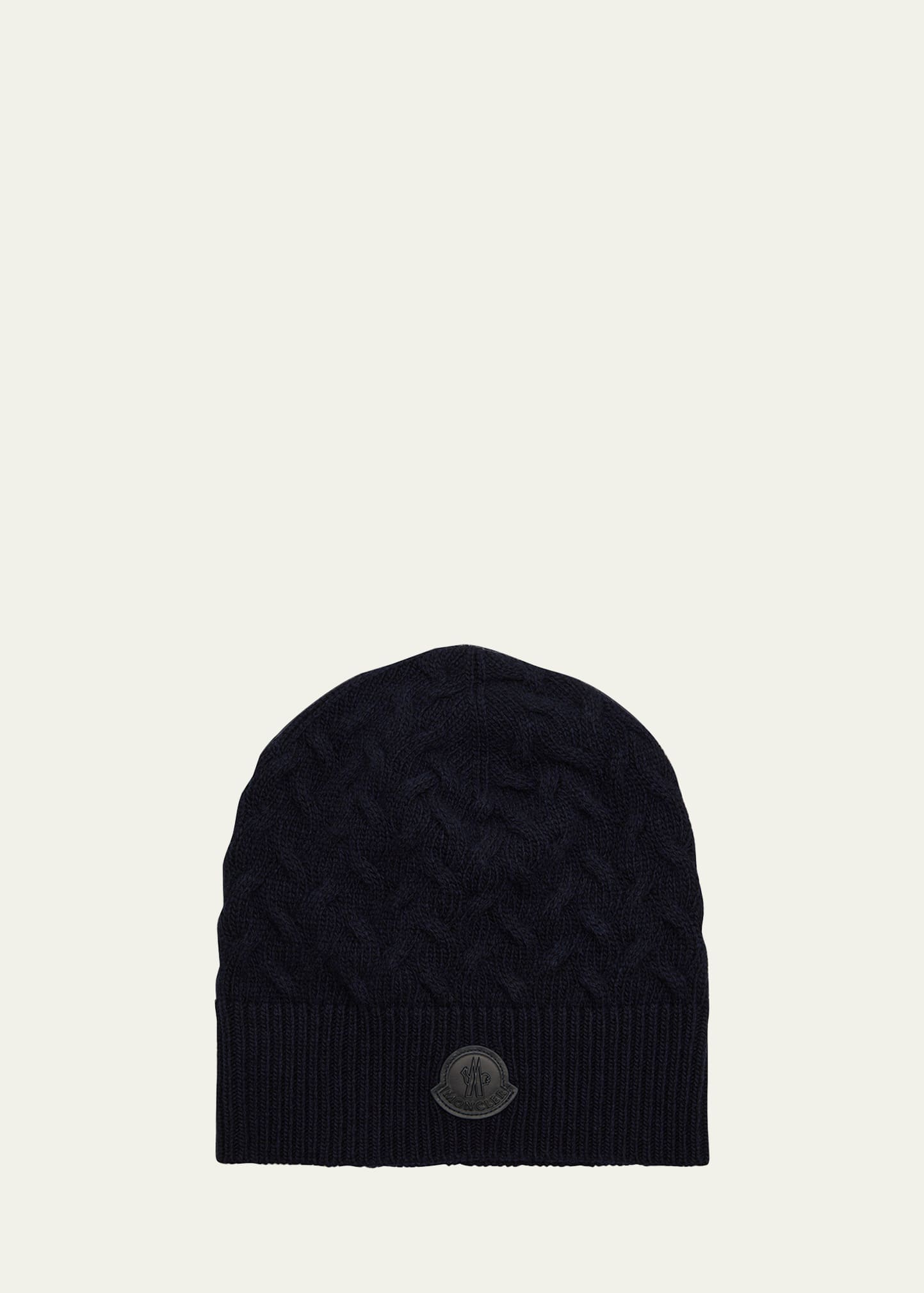 Moncler Men's Cable-knit Beanie With Leather Patch In Navy
