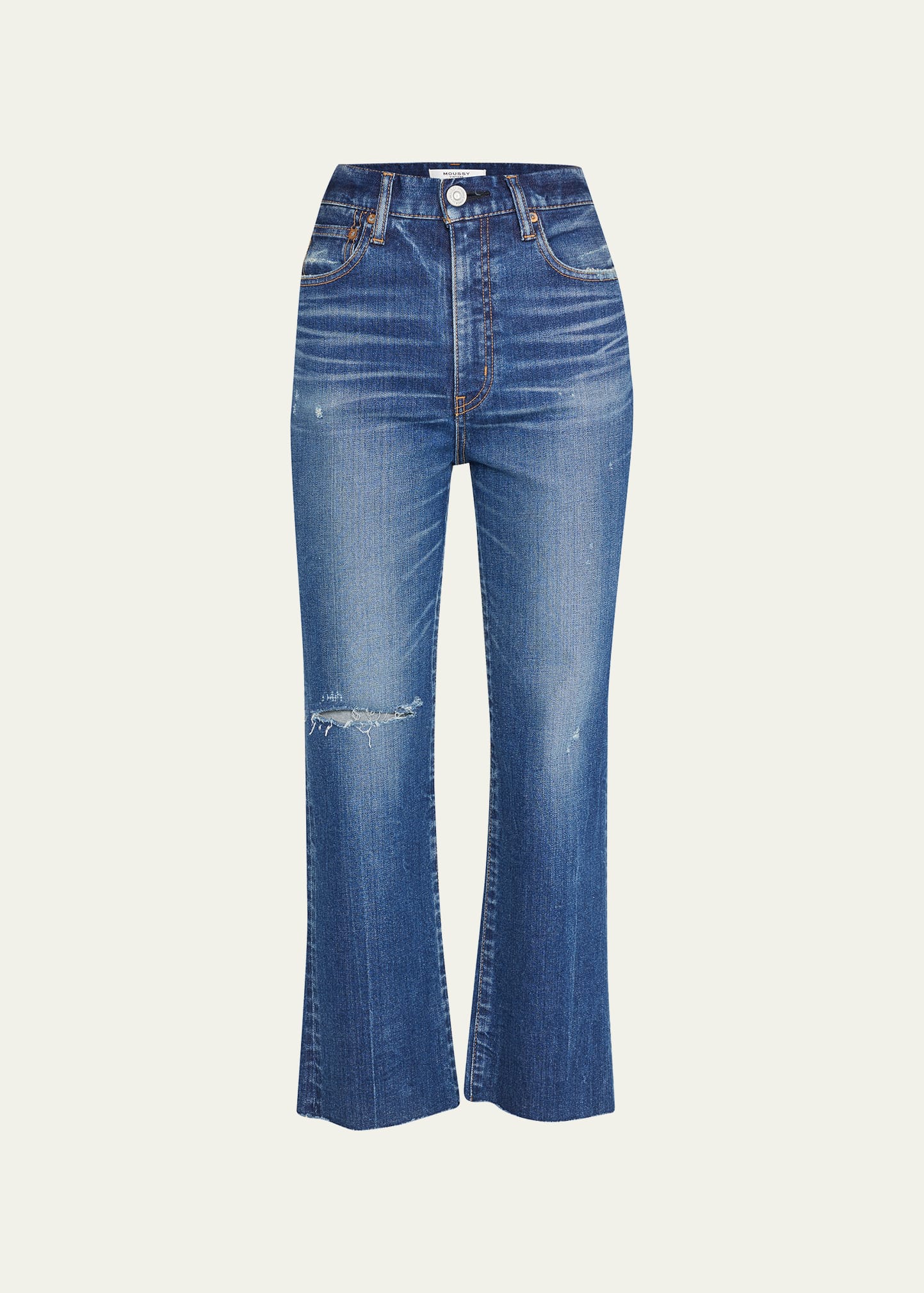MOUSSY VINTAGE RHODE CROPPED DISTRESSED FLARED JEANS