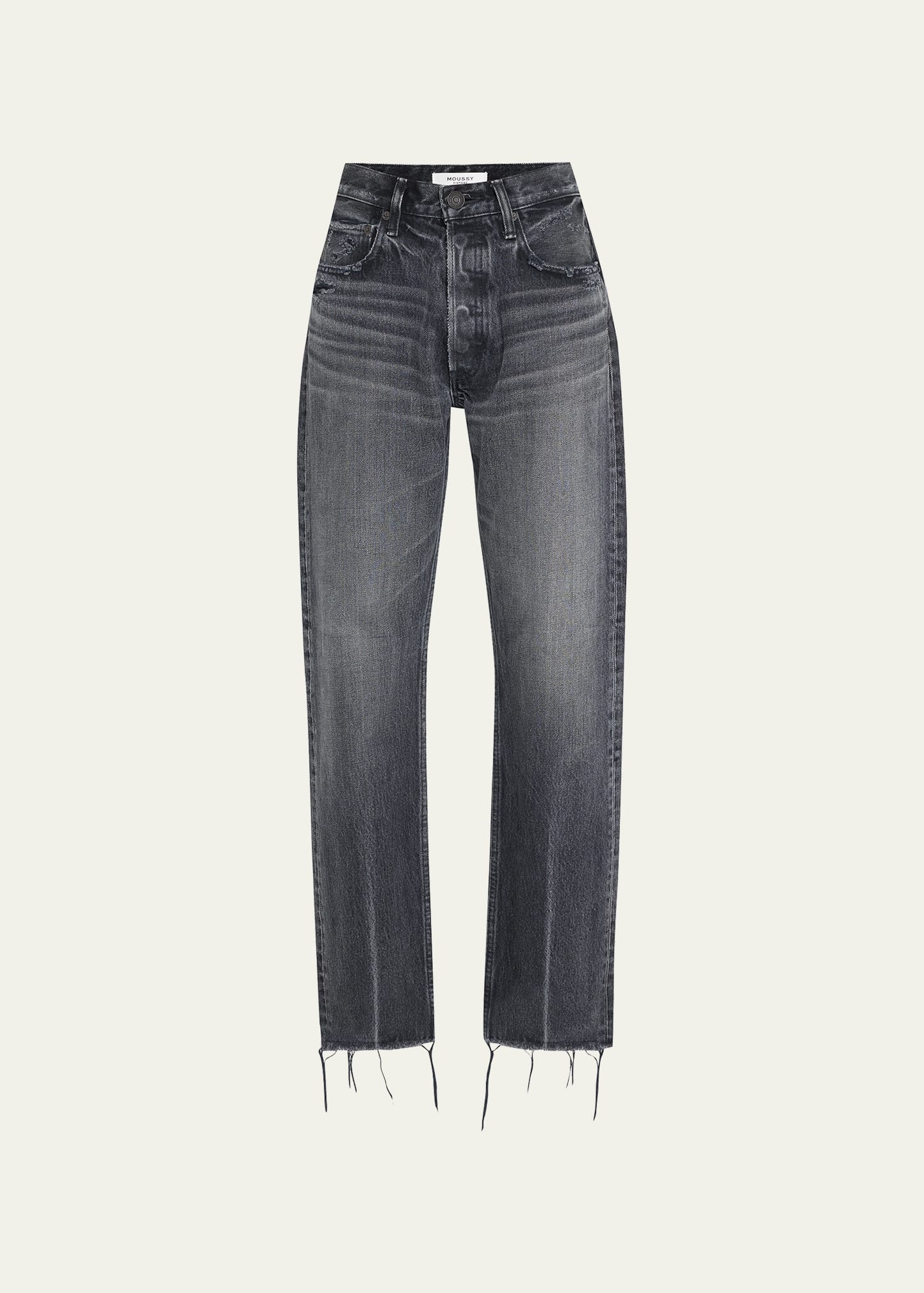 Moussy Vintage Ashleys Distressed Wide Straight-leg Ankle Jeans In Black