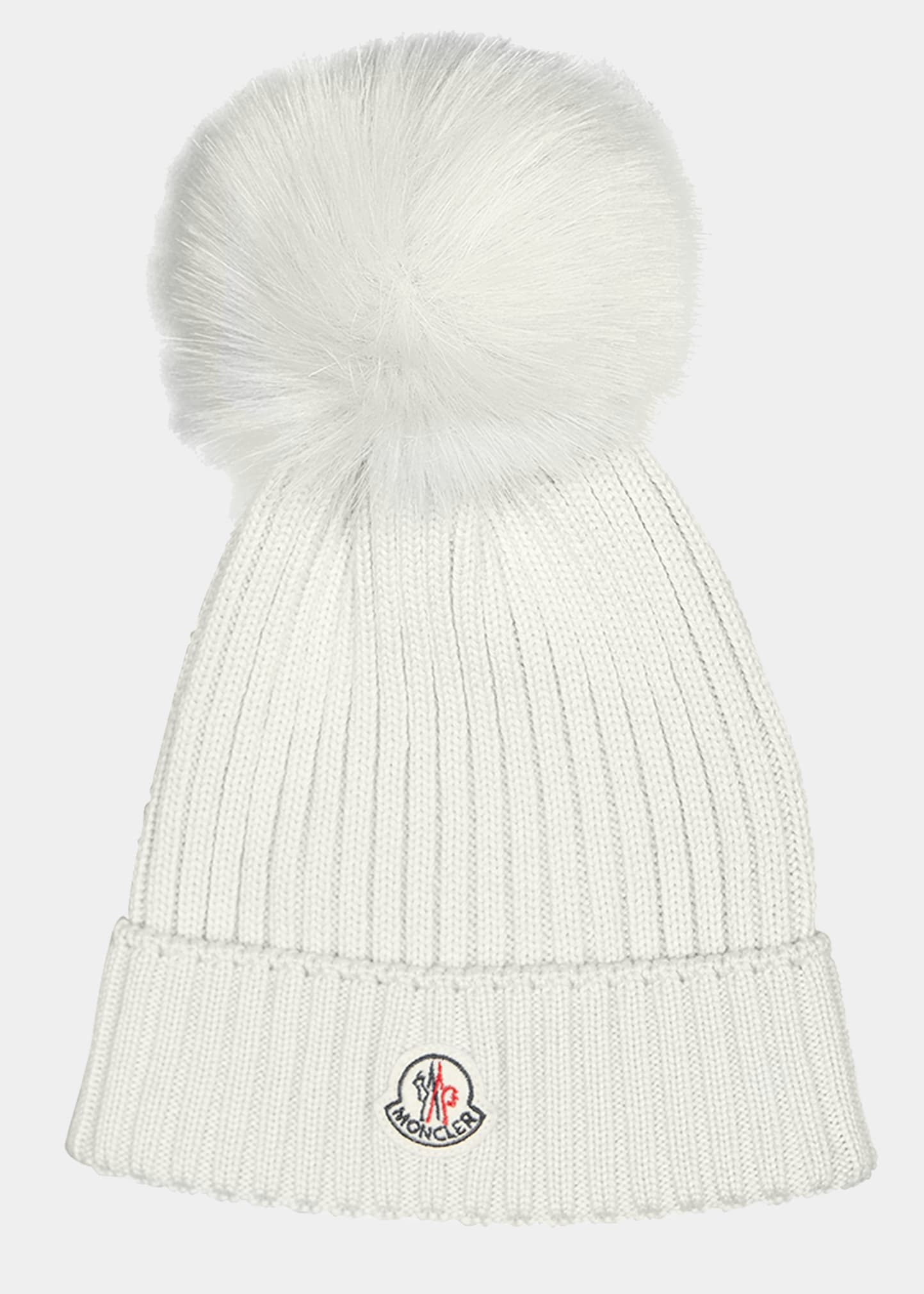 Moncler Kids' Girl's Ribbed Wool Beanie W/ Faux Fur Pompom In Natural