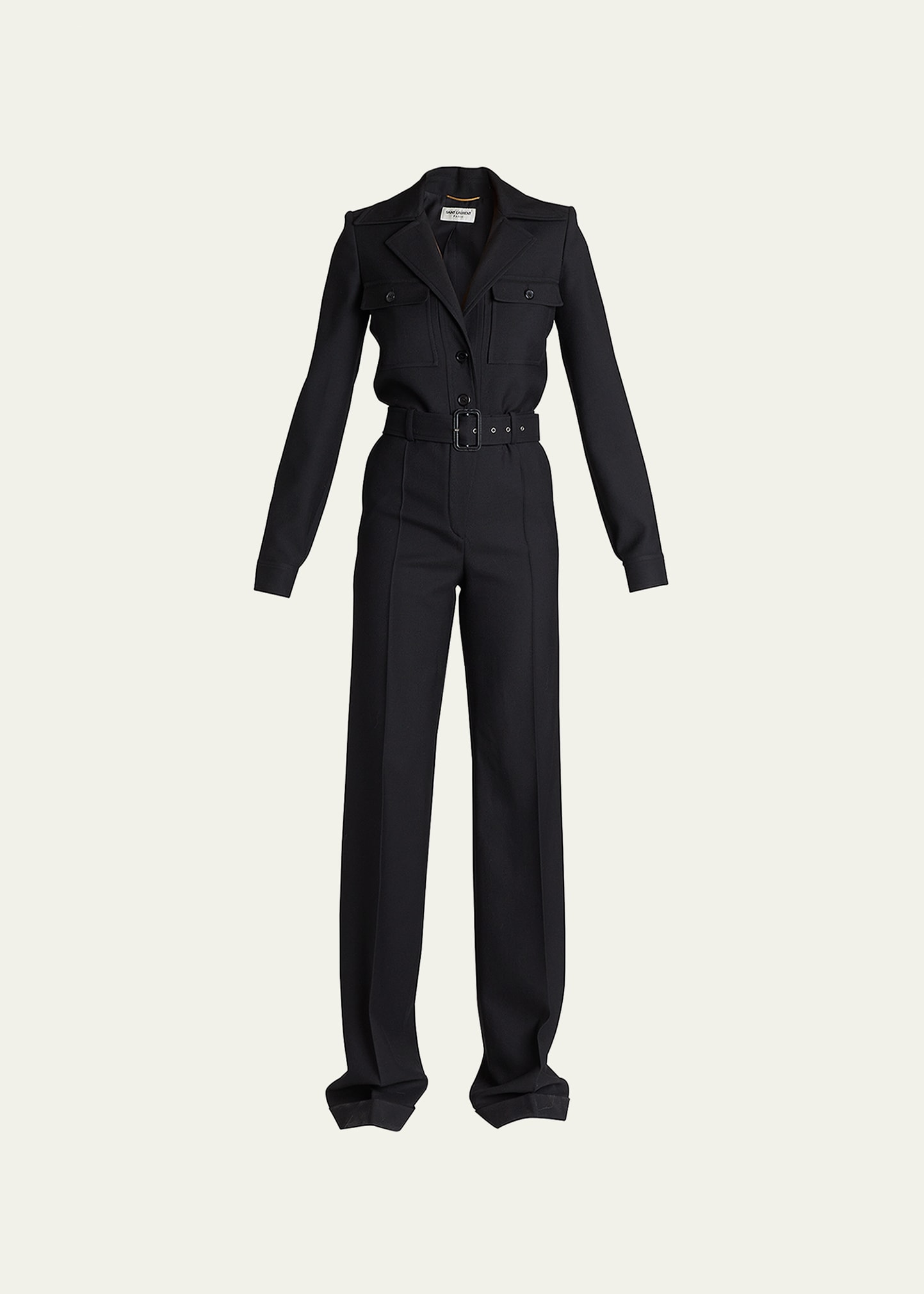 Utility Belted Long-Sleeve Wool Jumpsuit
