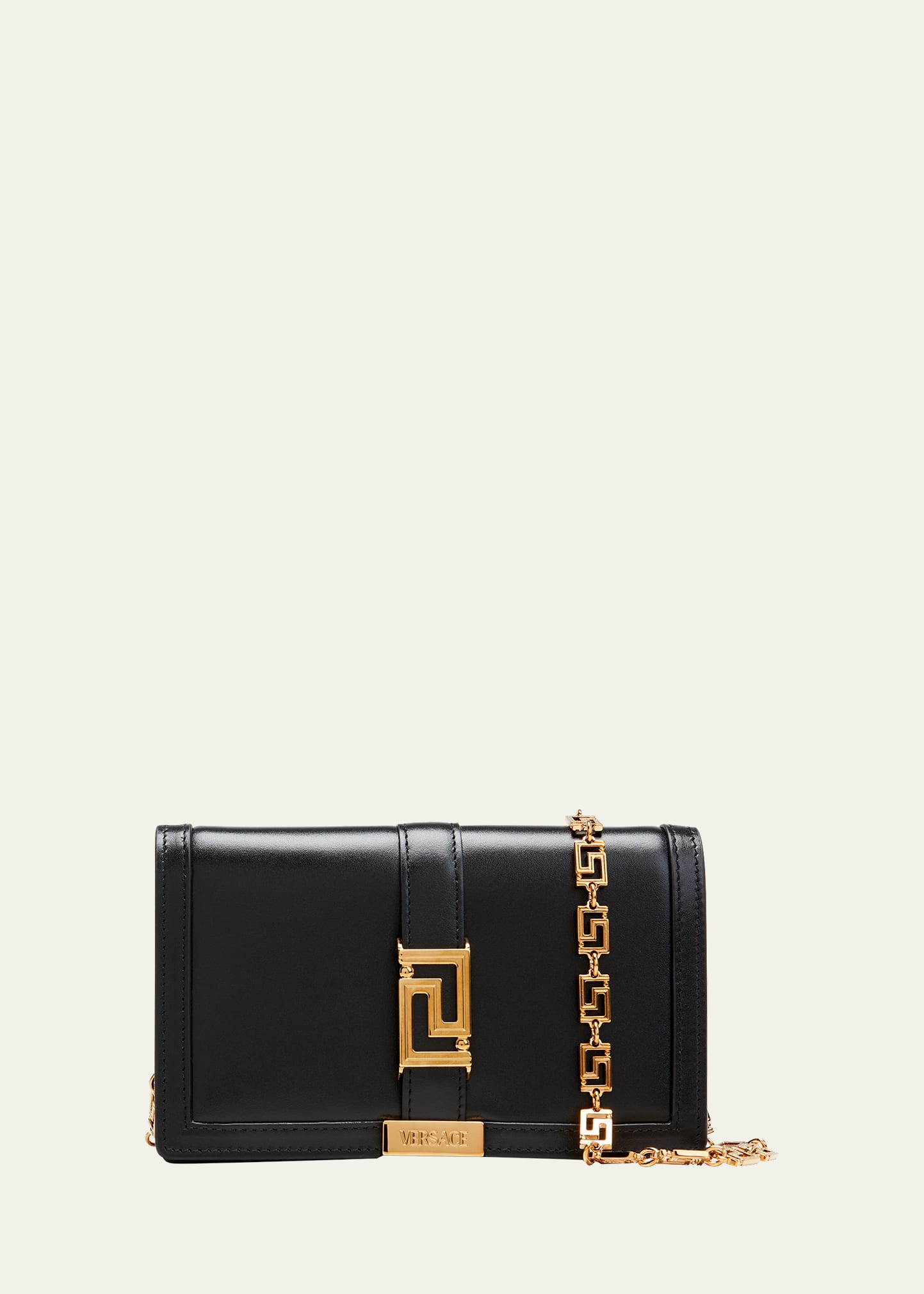 Versace Greca Goddess Leather Wallet On Chain In 1b00v Black/gold