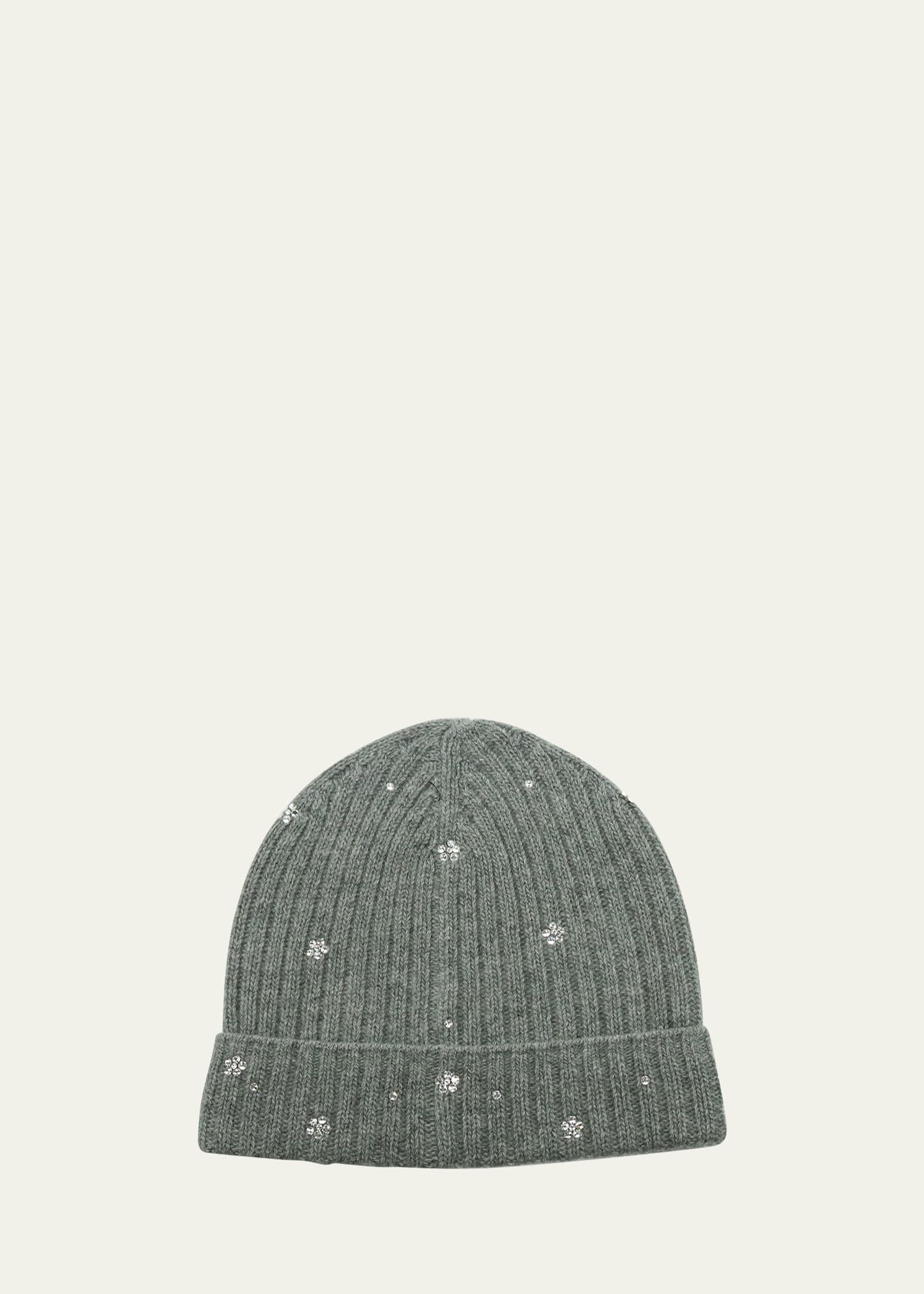 Portolano Crystal Flower Embellished Beanie Hat In Heather Charcoal