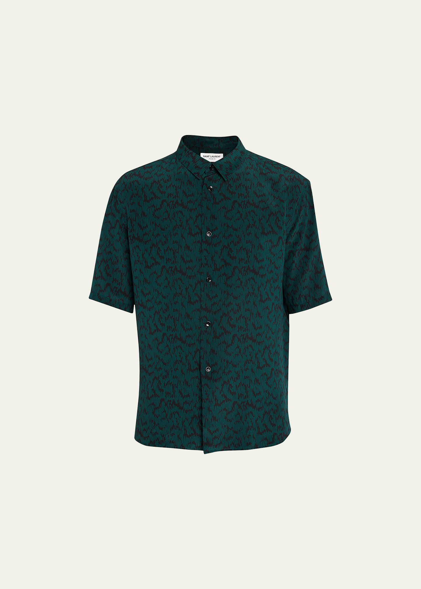 Shop Saint Laurent Men's Printed Silk Sport Shirt In Dk.leaf