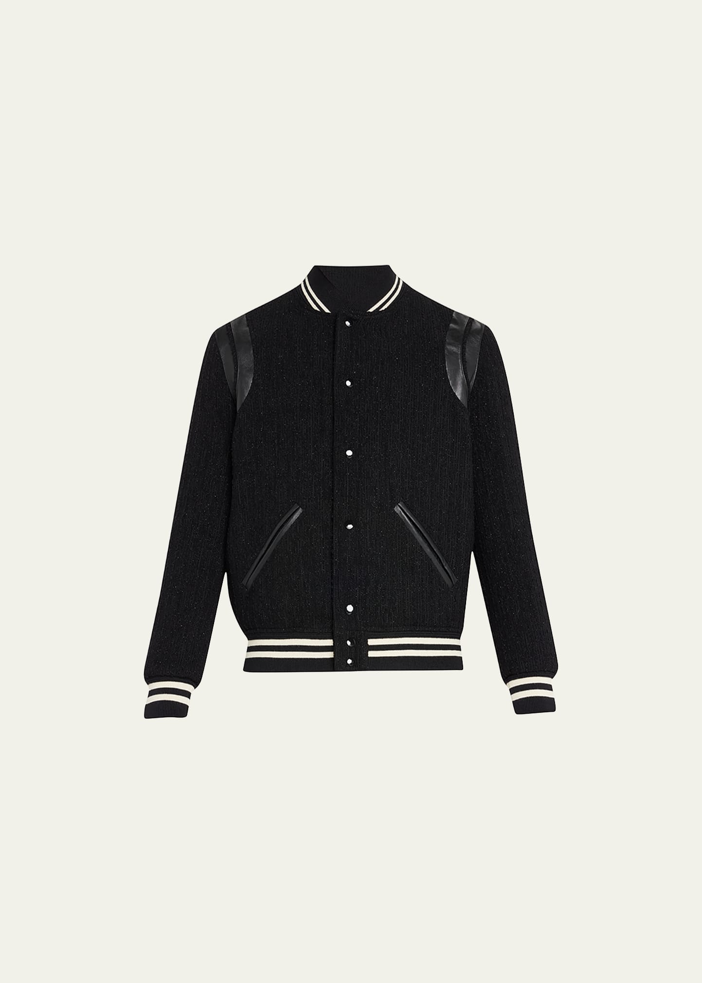 Saint Laurent Teddy Leather-trimmed Metallic Virgin Wool-blend Bomber Jacket In Noir / Noir