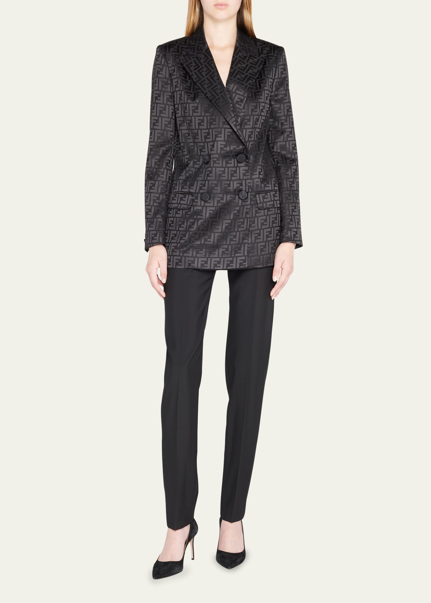 Fendi Logo Jacquard Double-breasted Crepe Blazer In Black