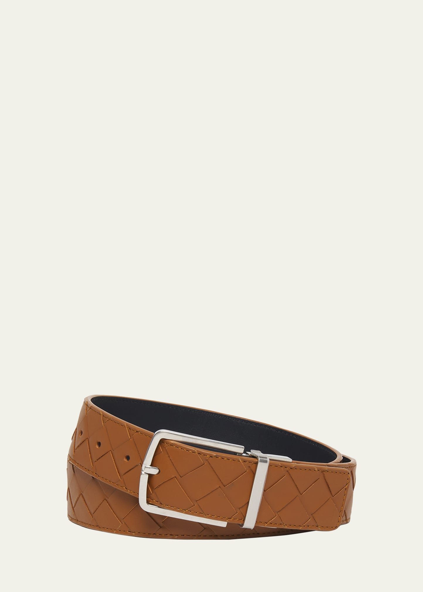 Bottega Veneta Men's Reversible Intrecciato Leather Belt In Cognac Space-silv