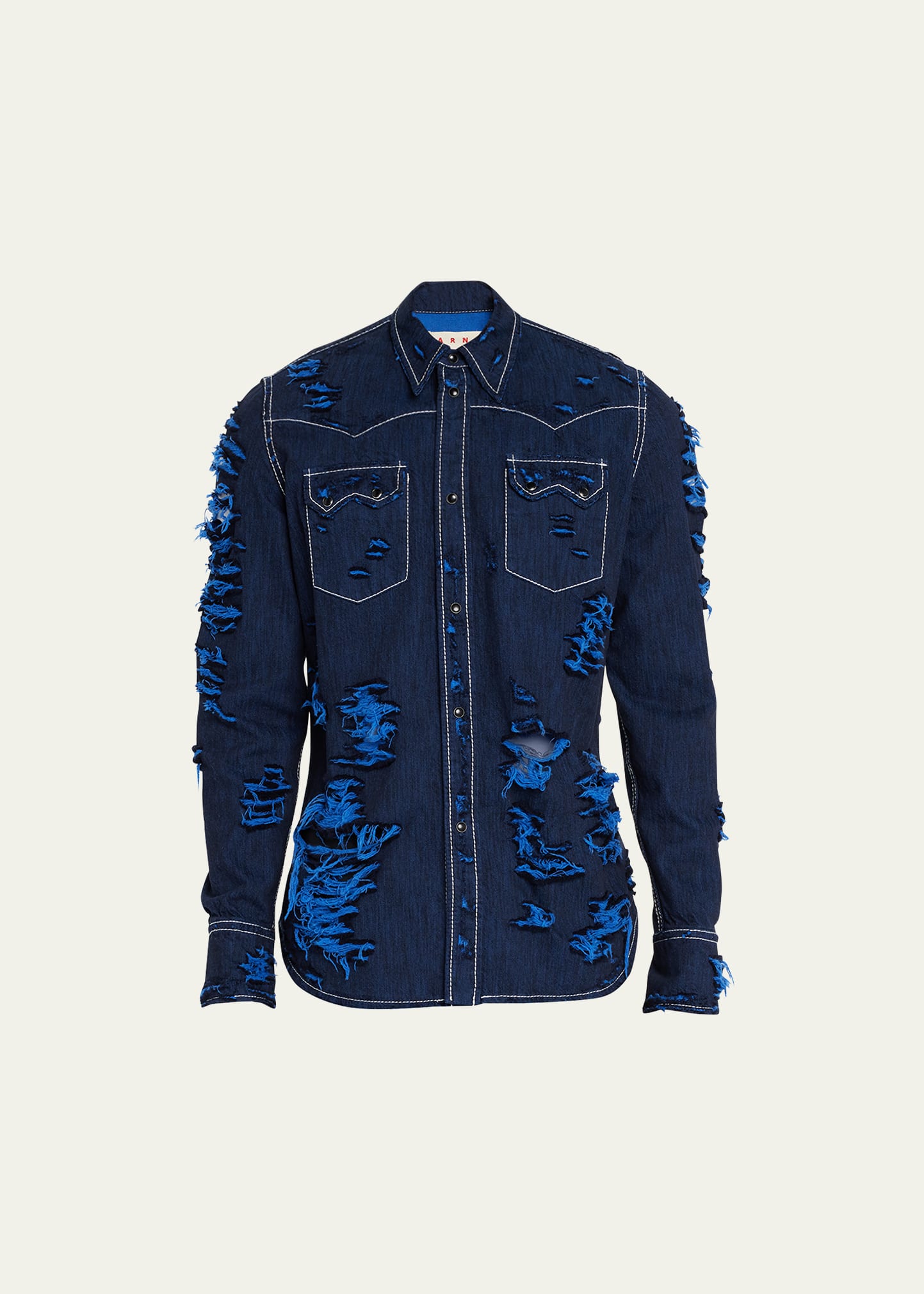 Shop Marni Men's Destroyed Denim Western Shirt In Iris/blue