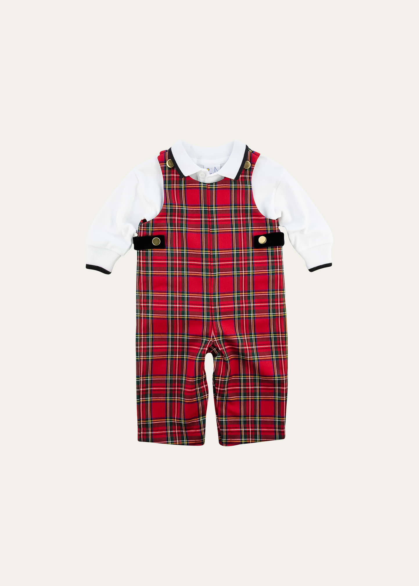 Florence Eiseman Boy's Tartan Plaid Overalls W/ Long Sleeve Polo Shirt, Size 6M-24M