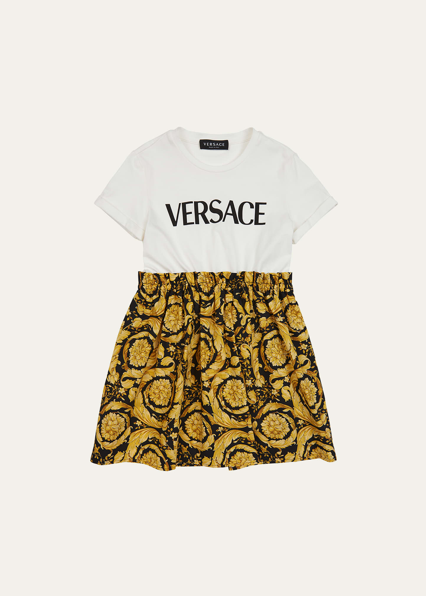 Versace Kids' Girl's Barocco Logo-print Combo Dress In Bianco/nero