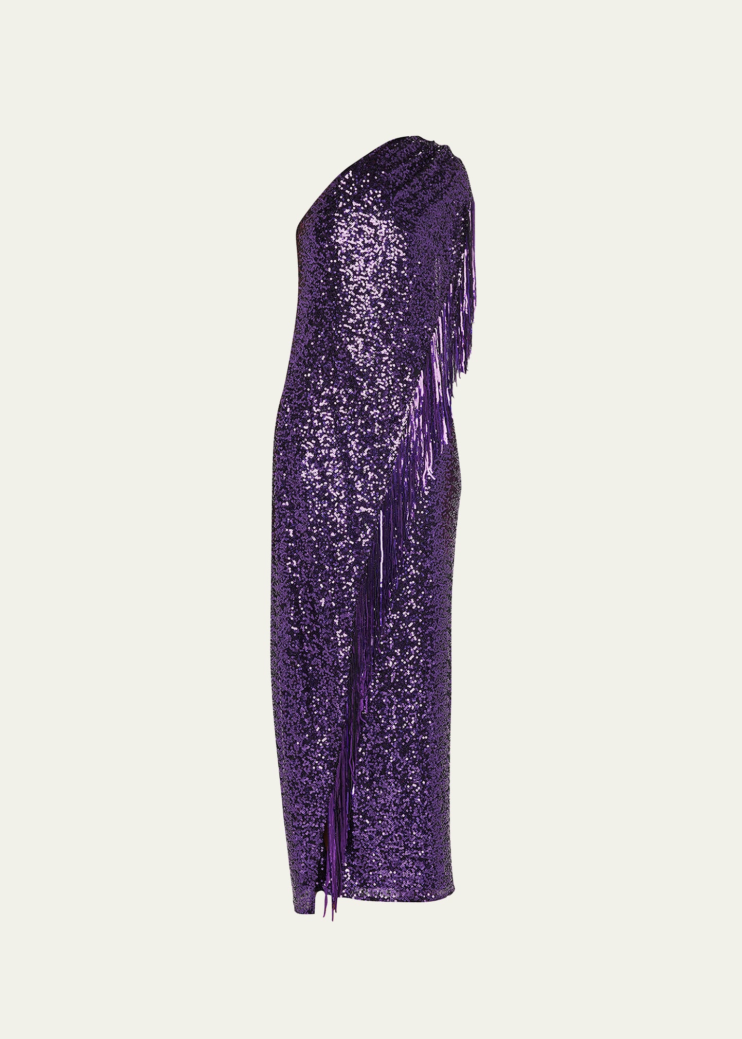 Badgley Mischka One-shoulder Fringe Sequin Gown In Plum