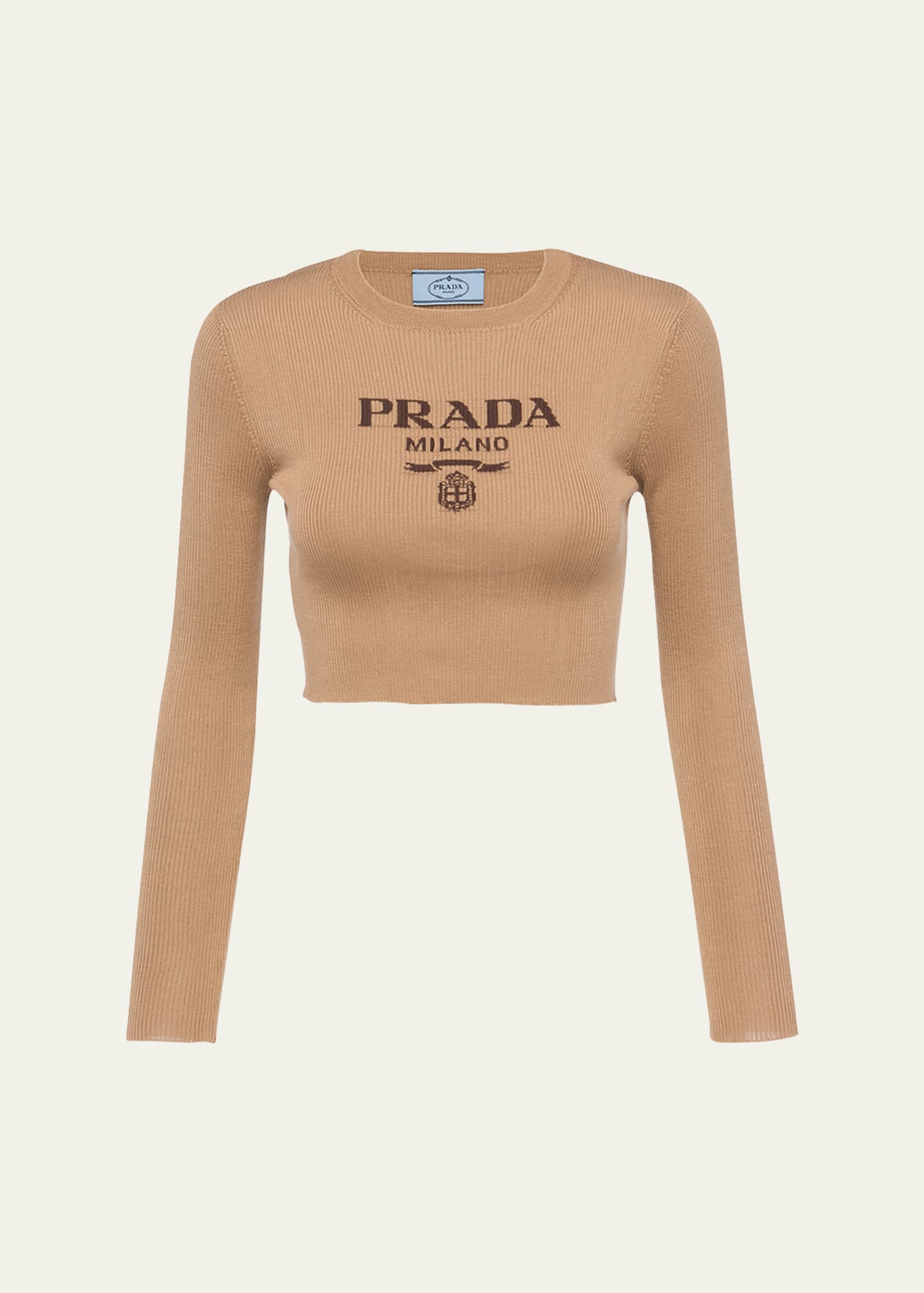 Prada Logo-intarsia Rib Cropped Silk Sweater In F0040 Cammello