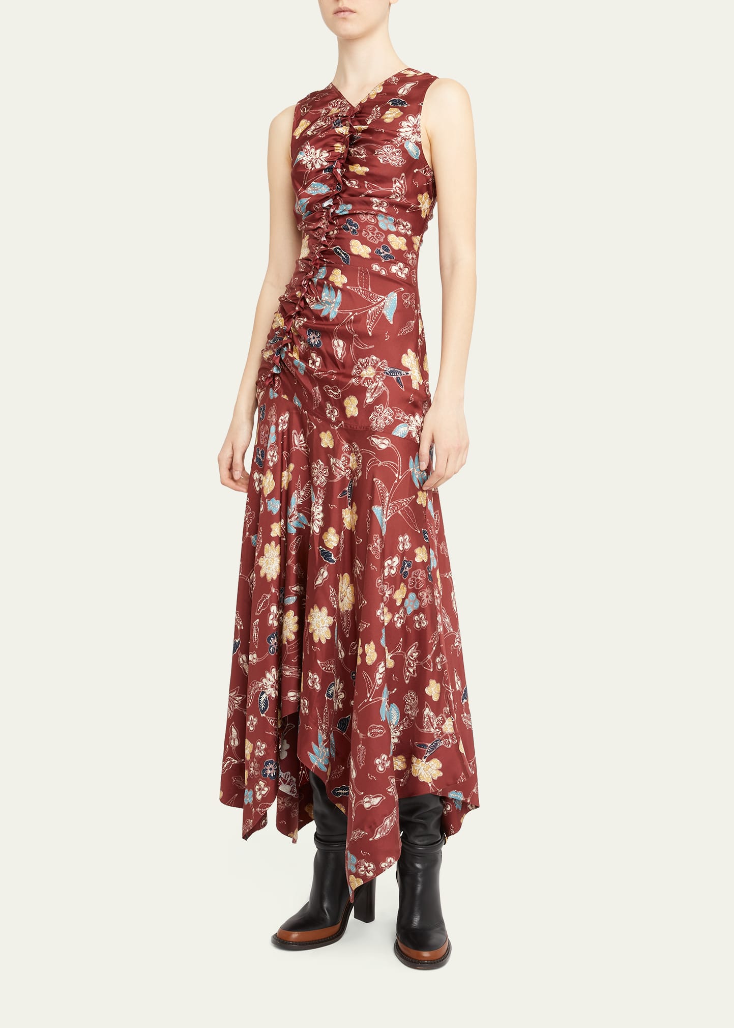 Ulla Johnson Alma Asymmetric Ruched Floral-print Silk-twill Dress In Anemone