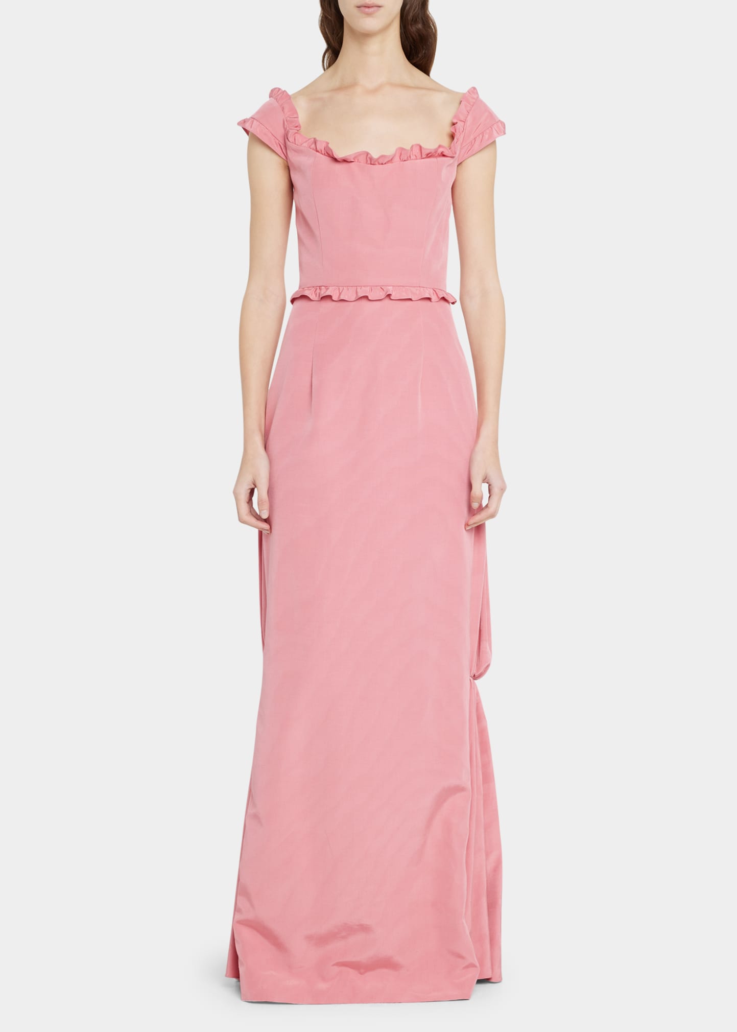 Delilah Off-The-Shoulder Ruffle Moire Gown