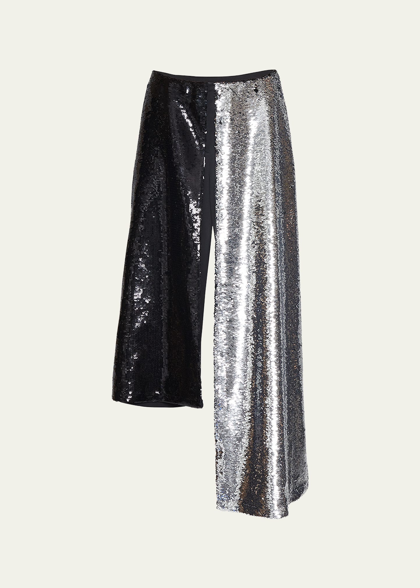 Jw Anderson Two-toned Sequined High-low Trousers In Black Silver
