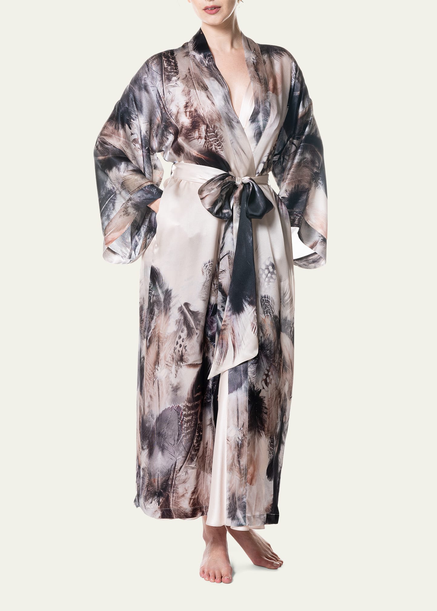 Christine Lingerie Sanctuary Long Feather-Print Silk Robe