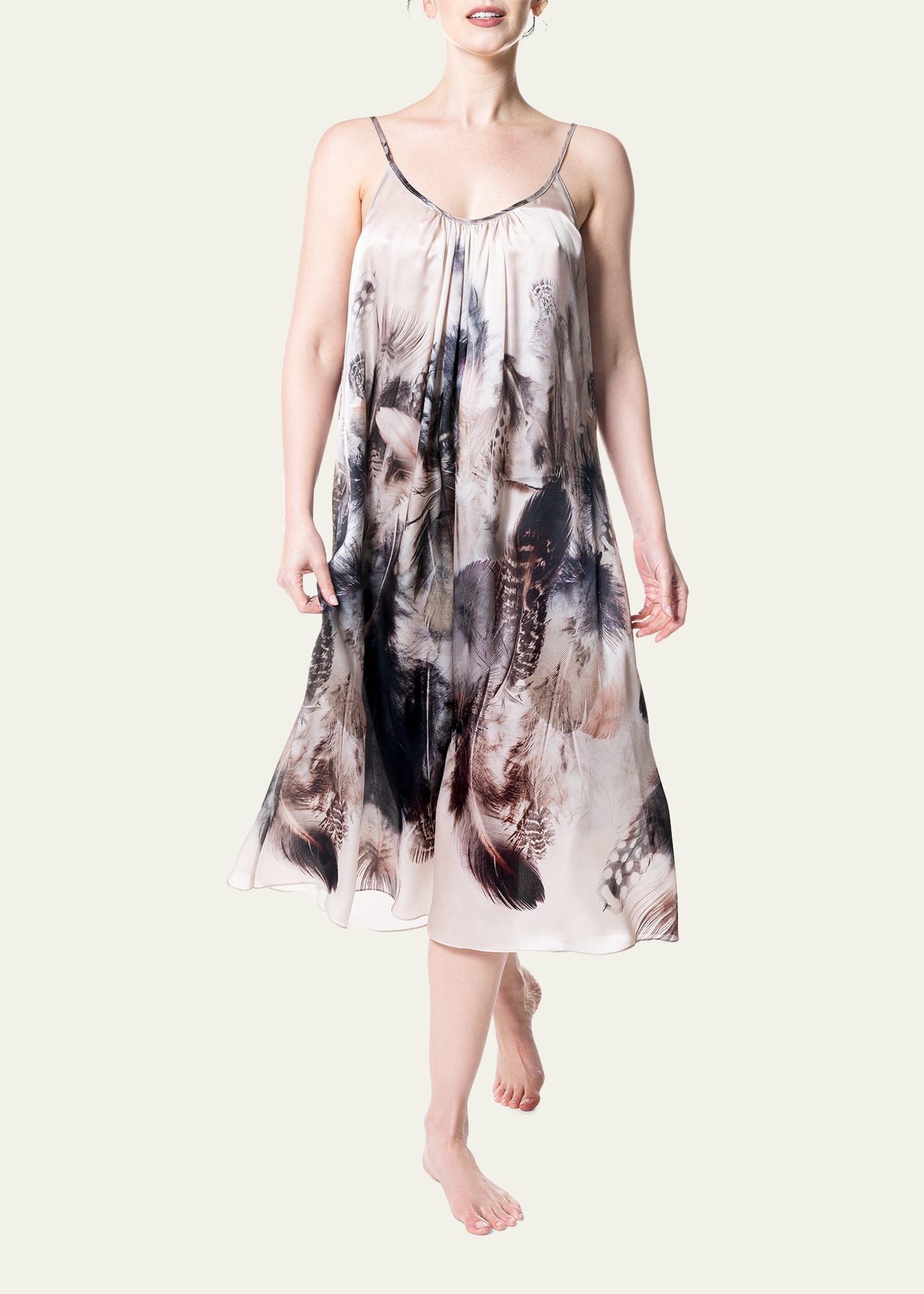 Christine Lingerie Sanctuary Feather-Print Silk Nightgown