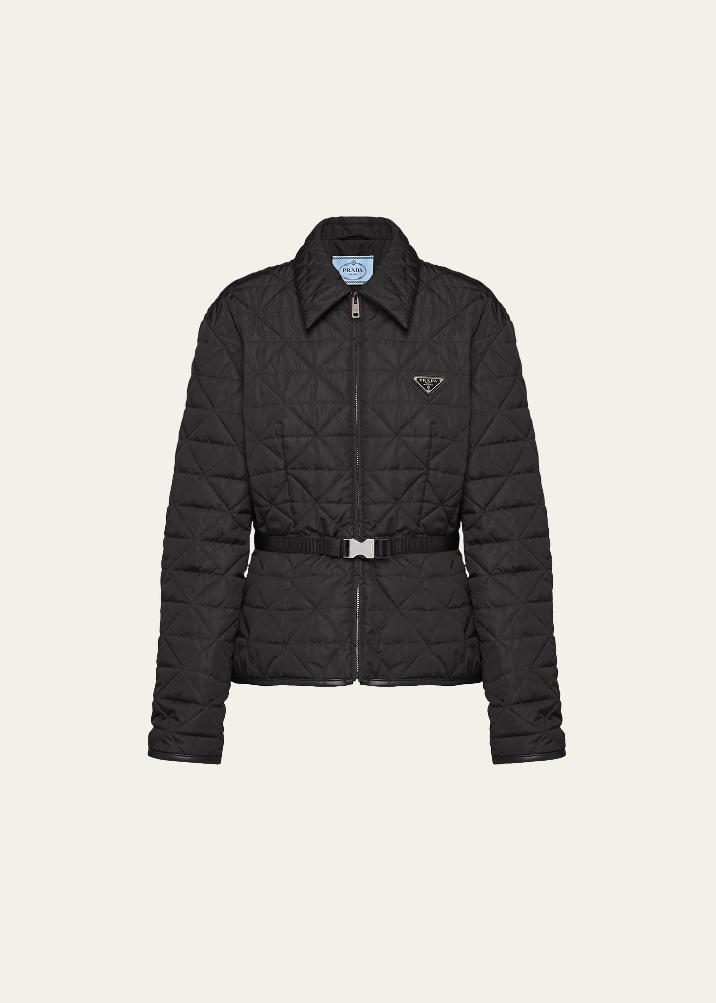 Prada Re-nylon Quilted Crop Jacket With Tape Belt In F0002 Nero