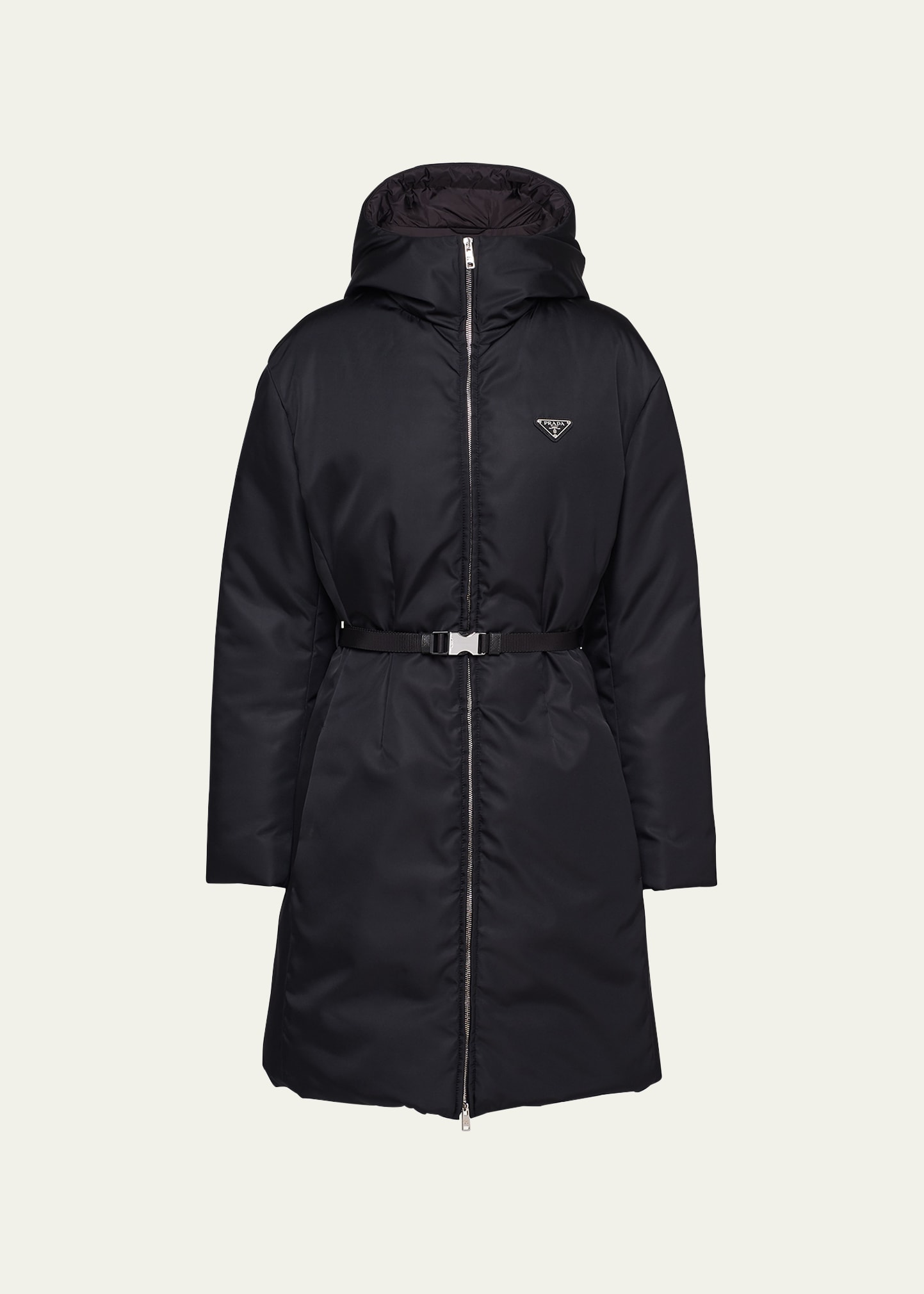 Prada Re-nylon Hooded Down Belted Jacket In F0002 Nero