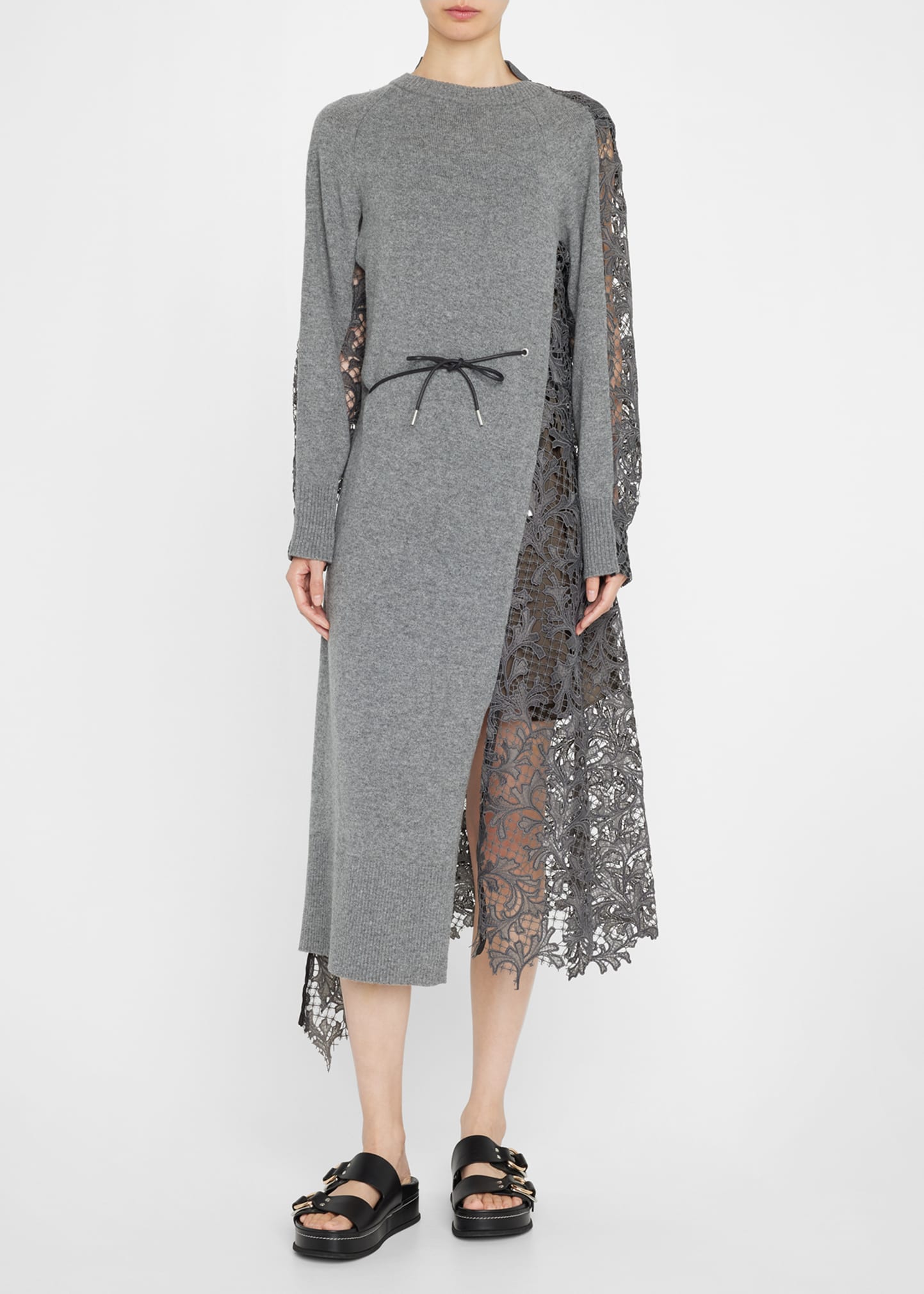 Lace-Embroidered Wool Self-Tie Midi Dress