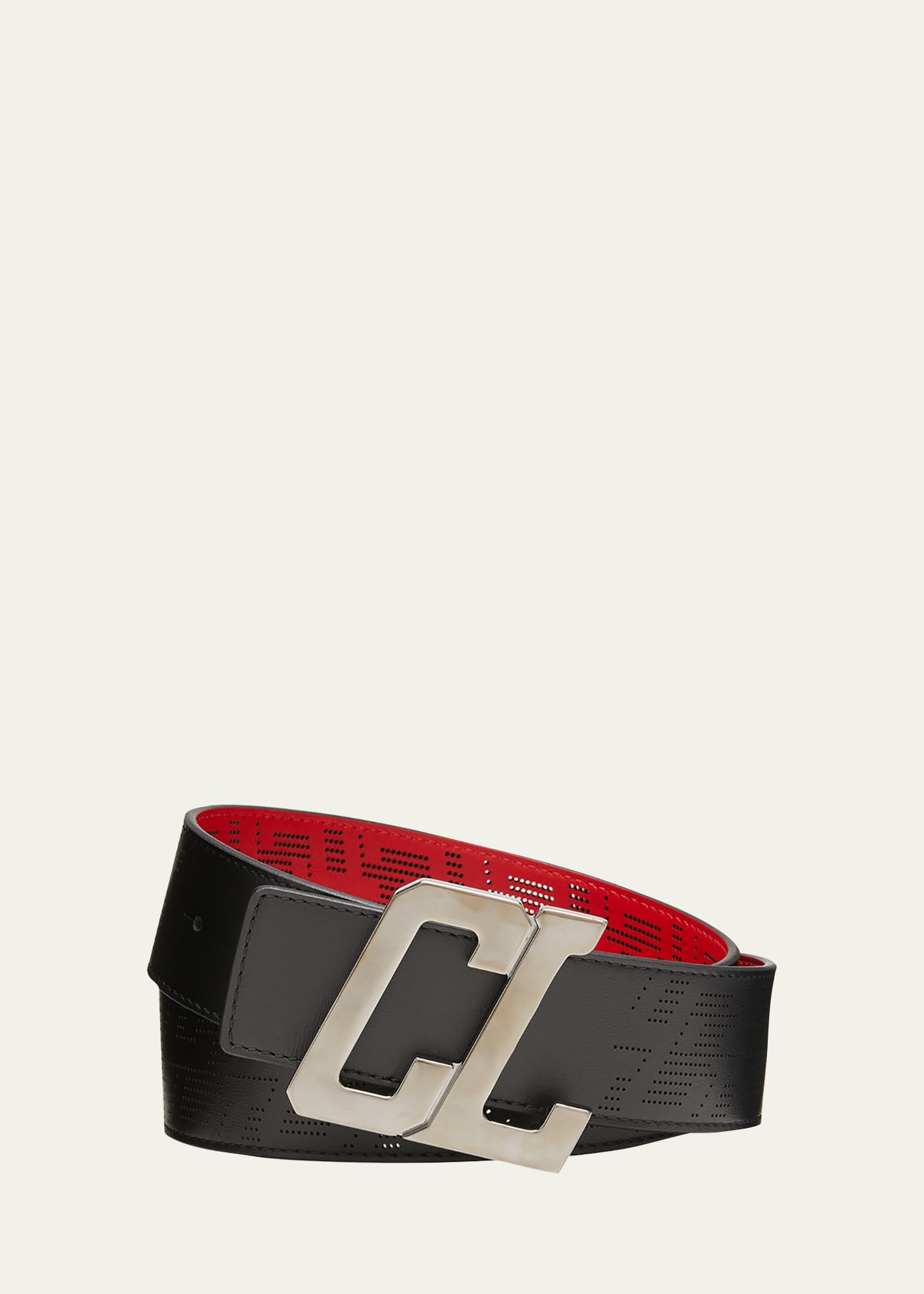 Shop Christian Louboutin Men's Happy Rui Perforated Leather Cl-logo Belt In Black/loubi/gun M