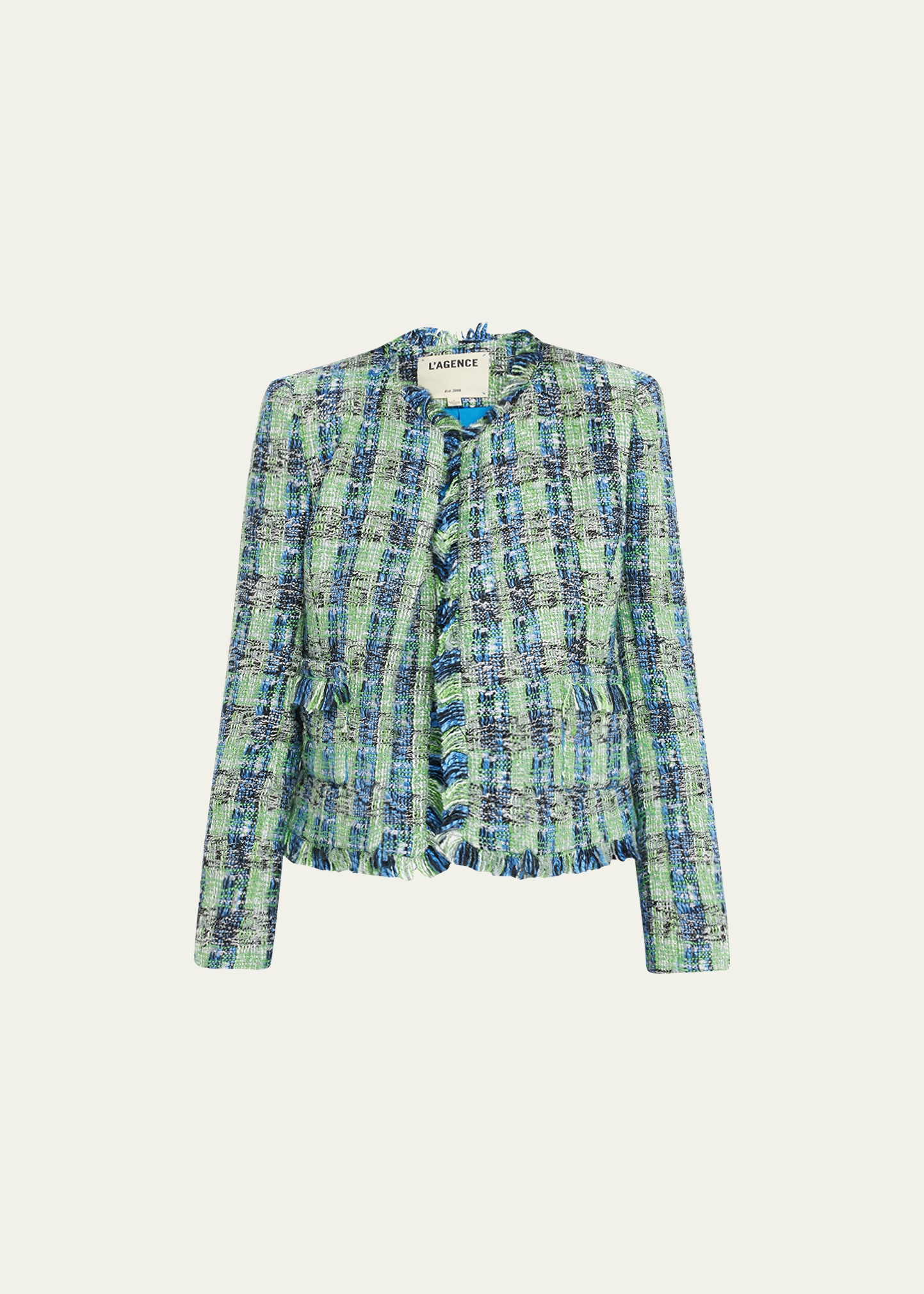 L Agence Angelina Tweed Open-front Fringe Blazer In Greenblue Multi