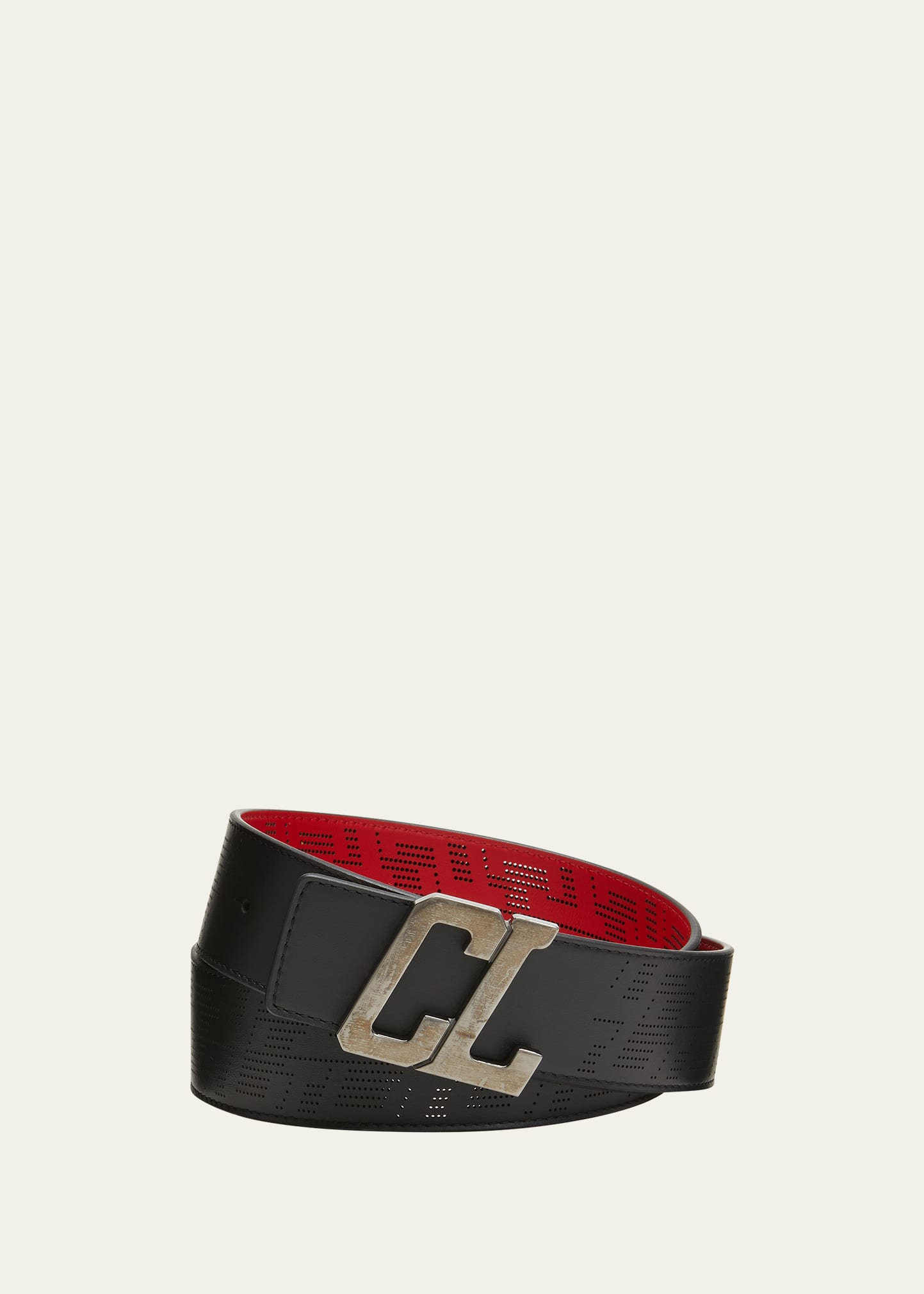 Christian Louboutin Happy Rui Cl Logo Buckle Perforated Leather Belt In Black/loubi/gun M