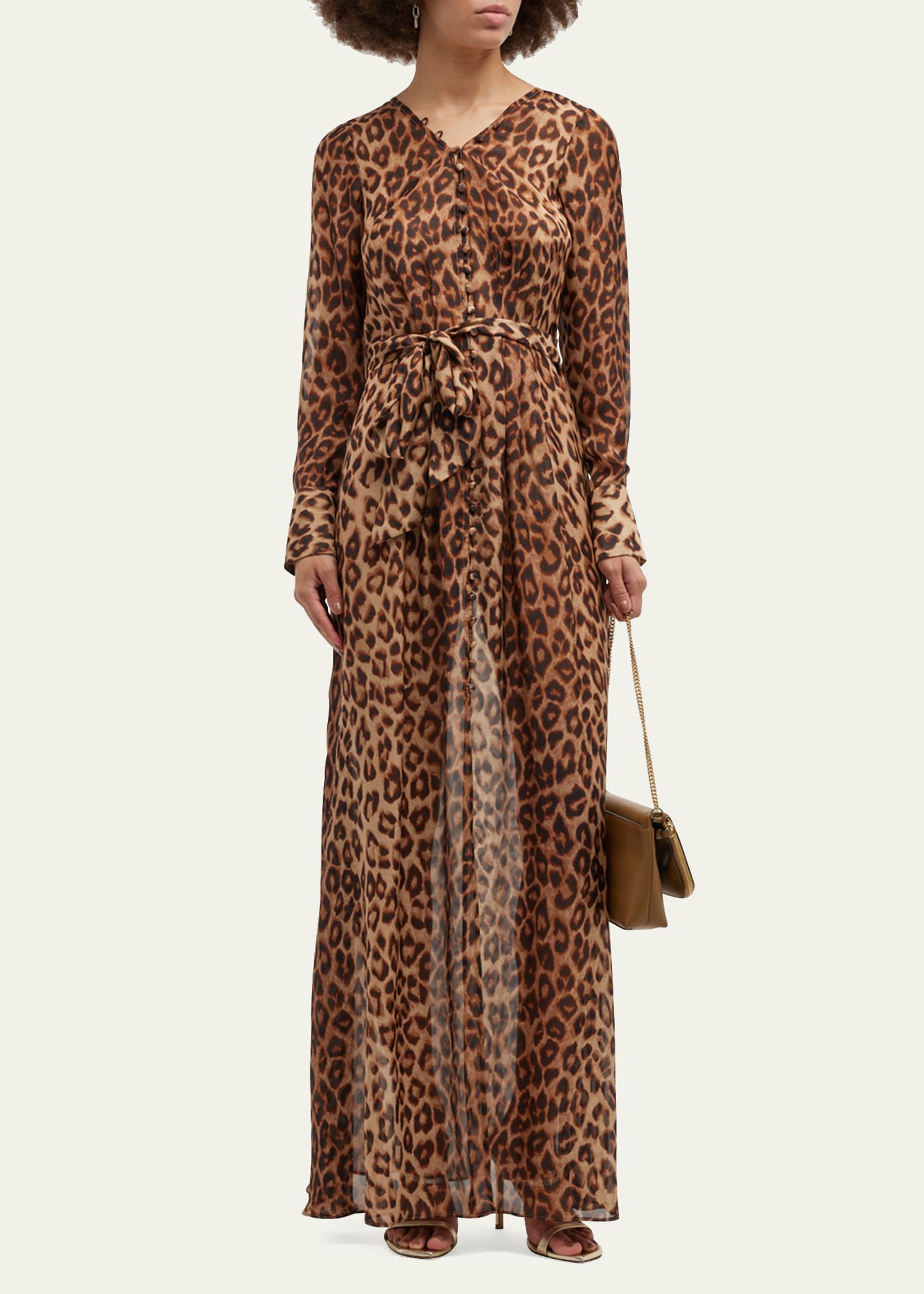L'Agence Callum Cheetah V-Neck Long-Sleeve Maxi Dress