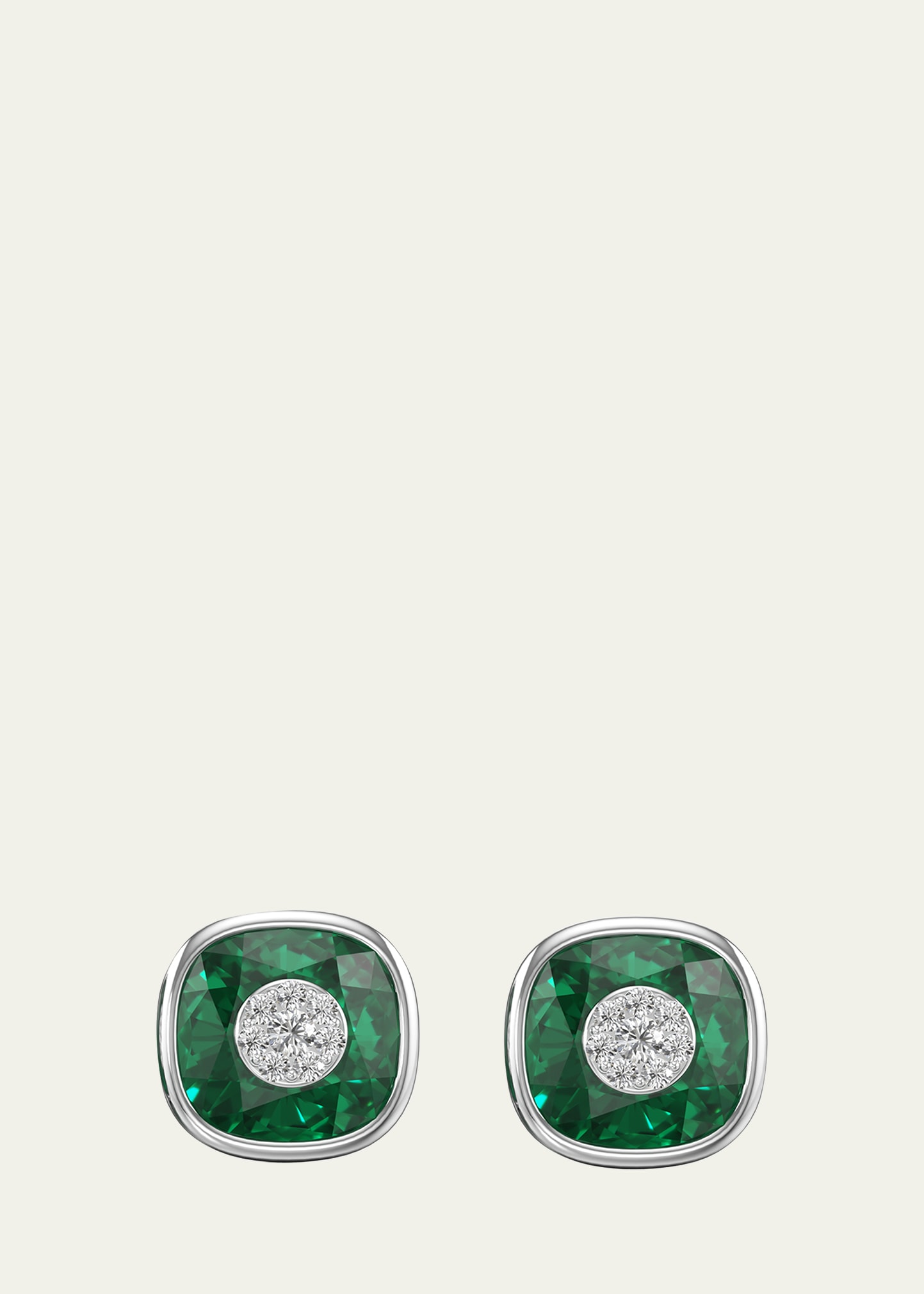 Bhansali One Collection 10mm Cushion Earrings with White Gold Bezel, Emerald