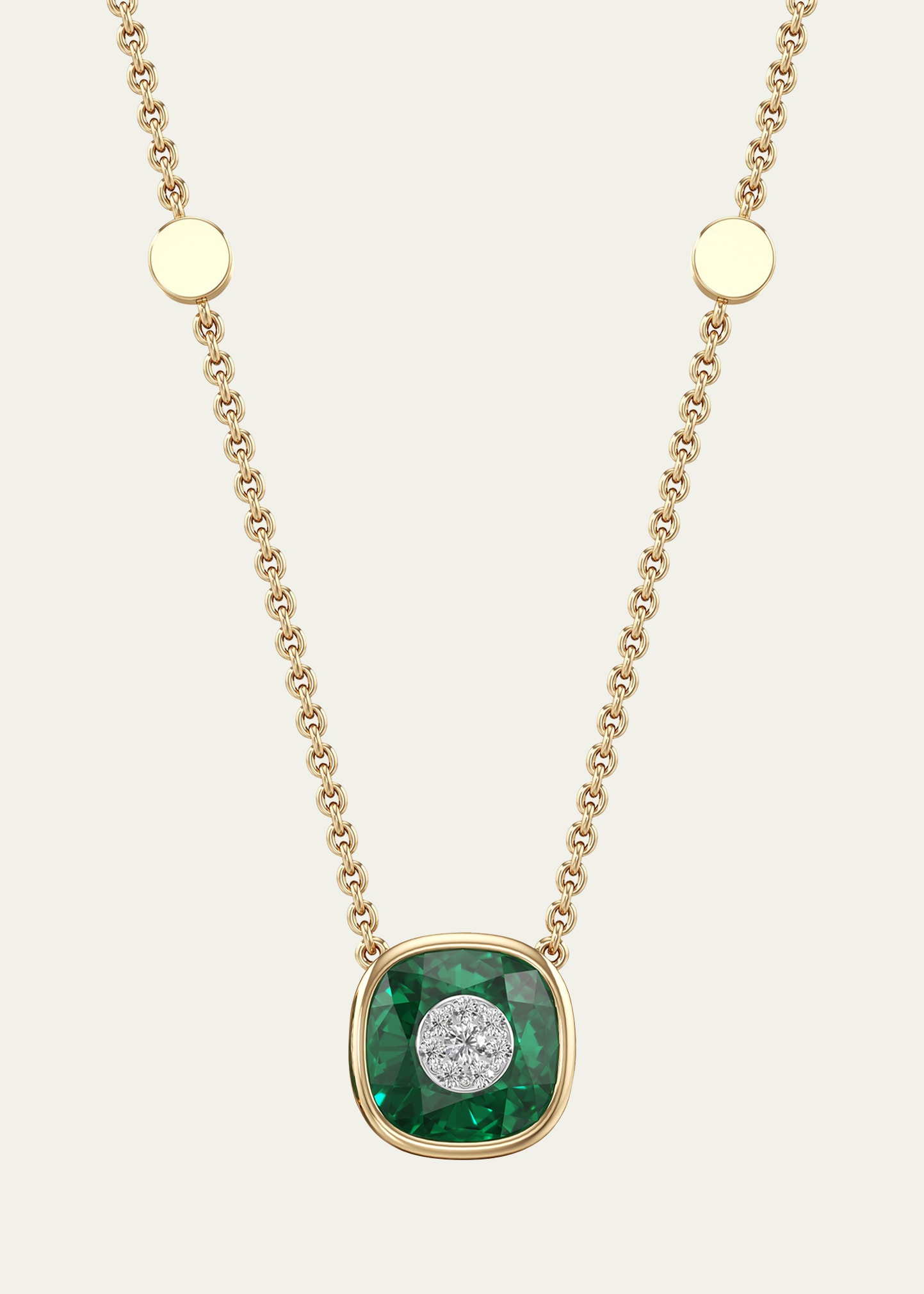 Bhansali One Collection 10mm Cushion Pendant Necklace with Yellow Gold Bezel, Emerald