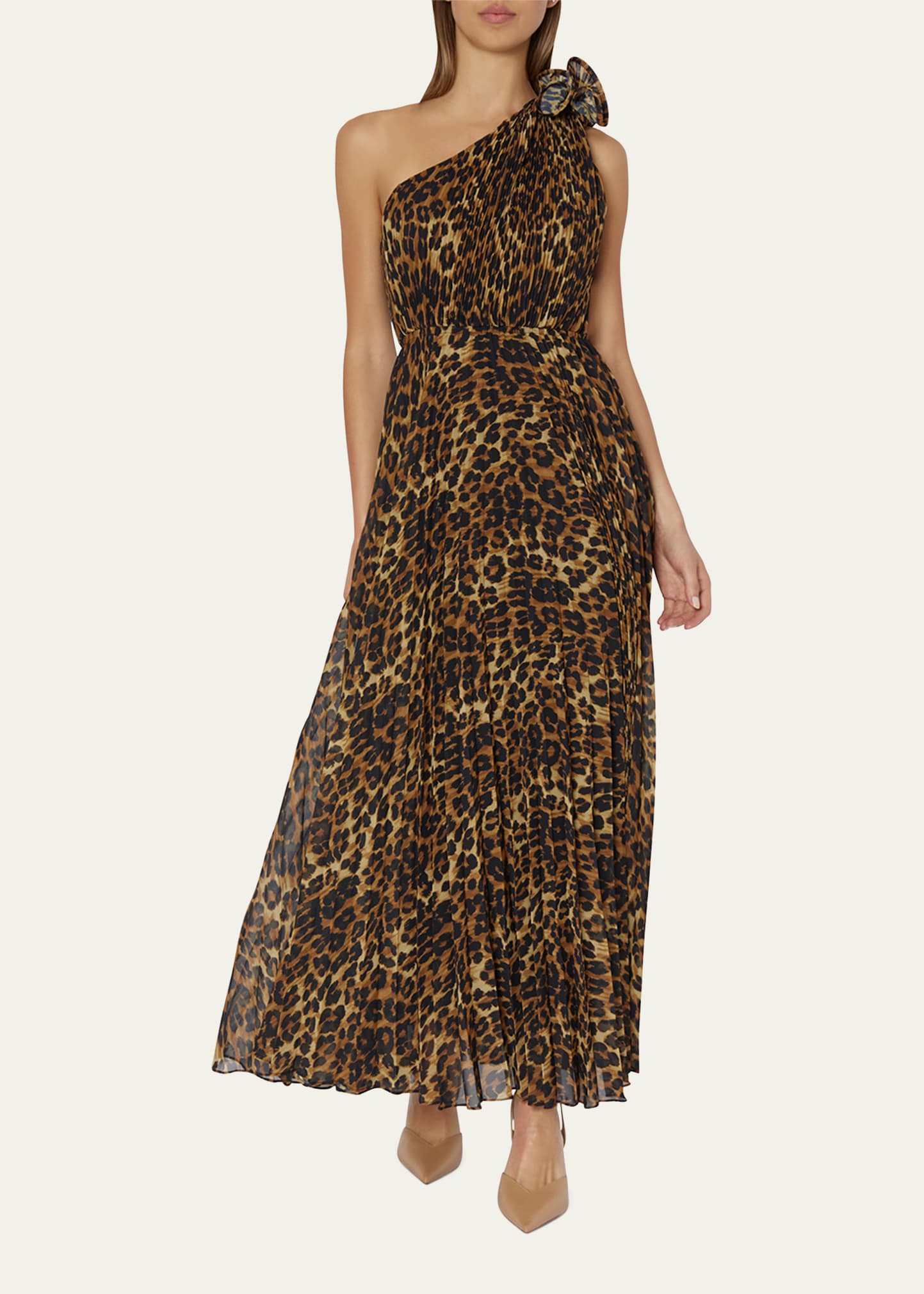 Milly Gina Pleated Leopard-Print One-Shoulder Gown