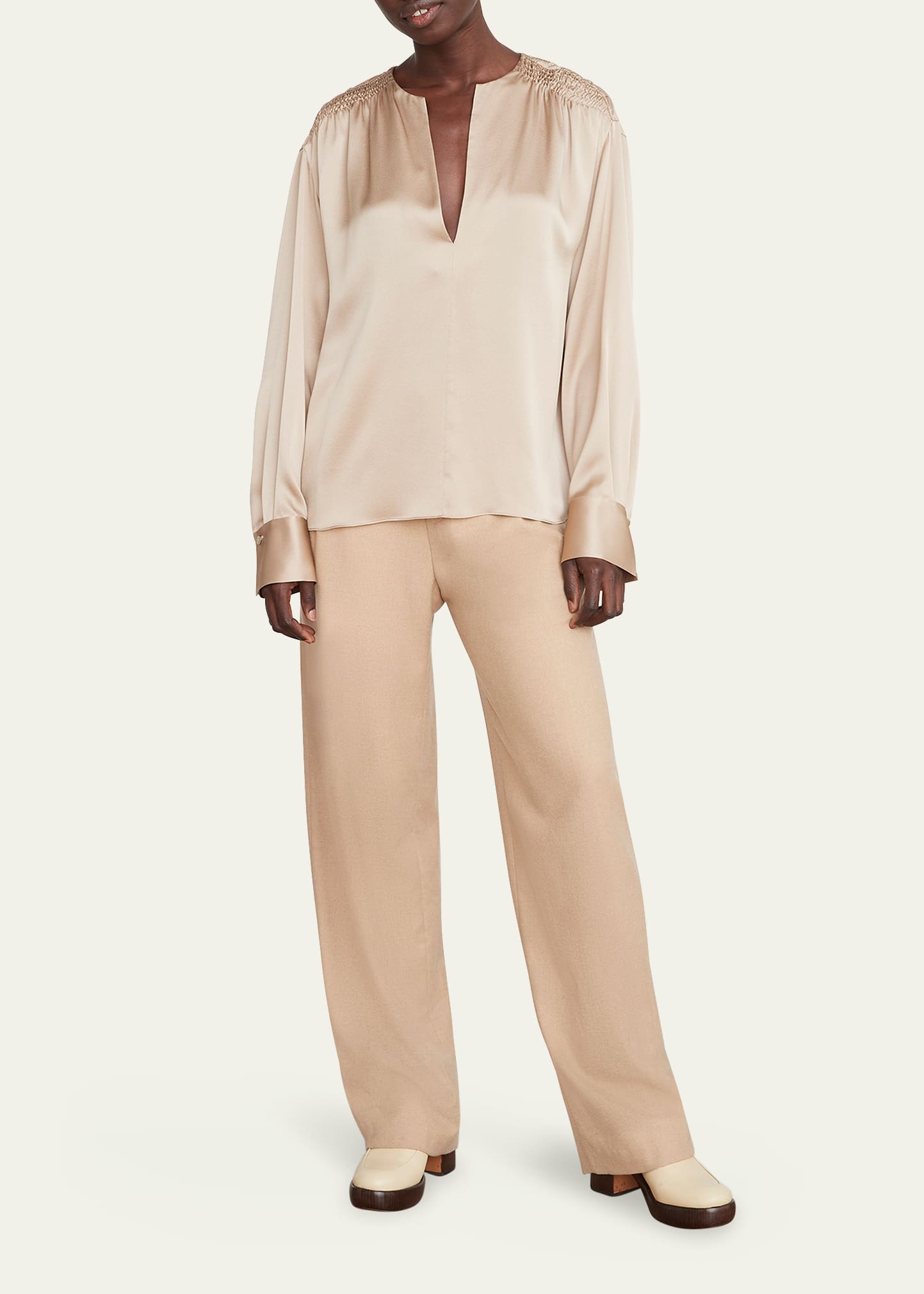 Vince Smocked-shoulder Satin Blouse In Pale Nut