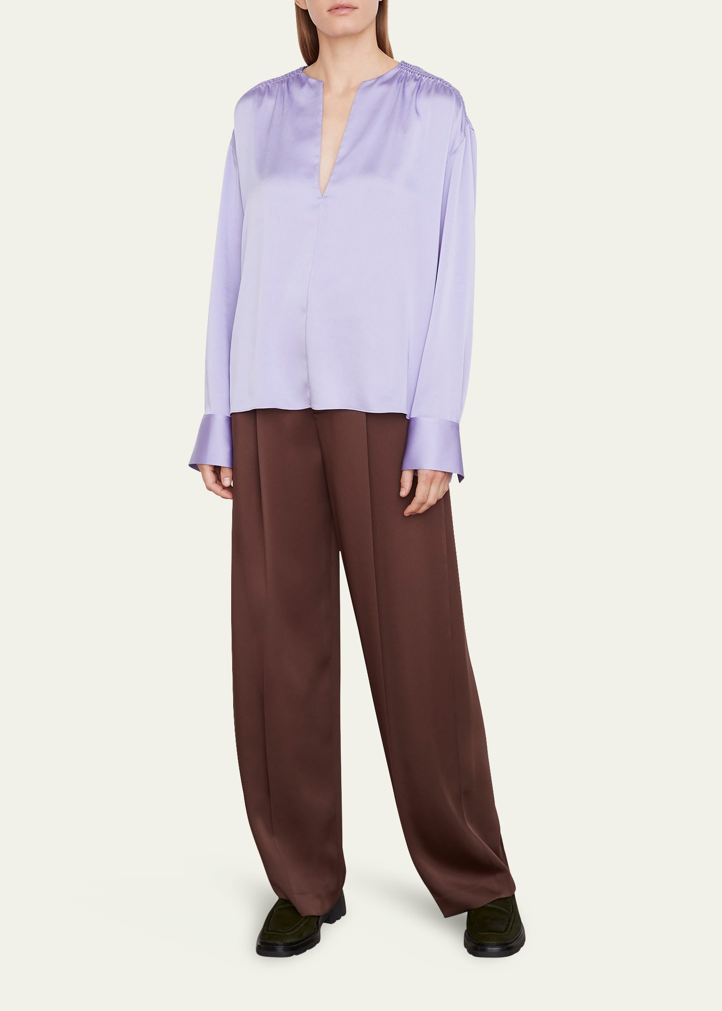 Vince Smocked Shoulder Long Sleeve Satin Blouse In Lily Stone