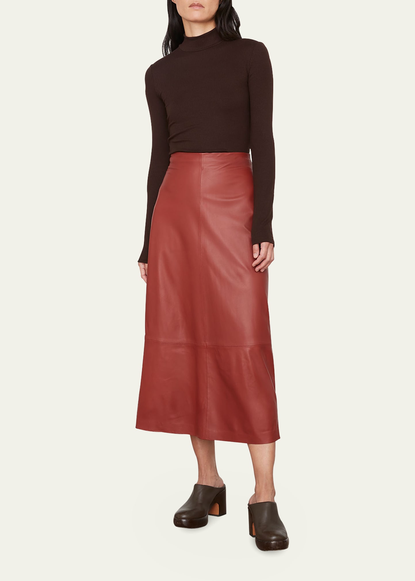 Vince Leather Straight Midi Skirt In Burnt Cinnamon
