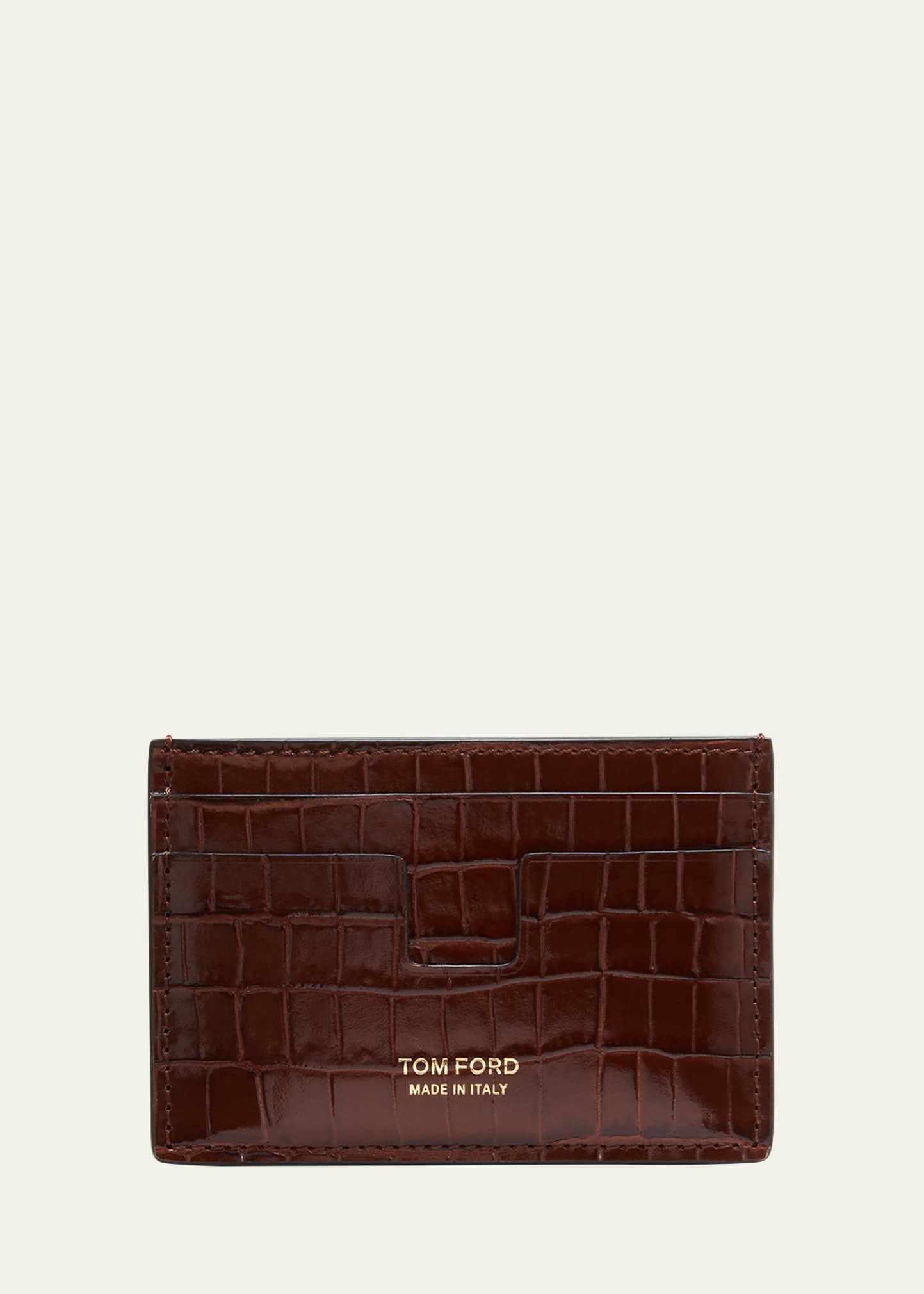 Tom Ford Men's Croc-printed Leather T-line Card Holder In Cognac