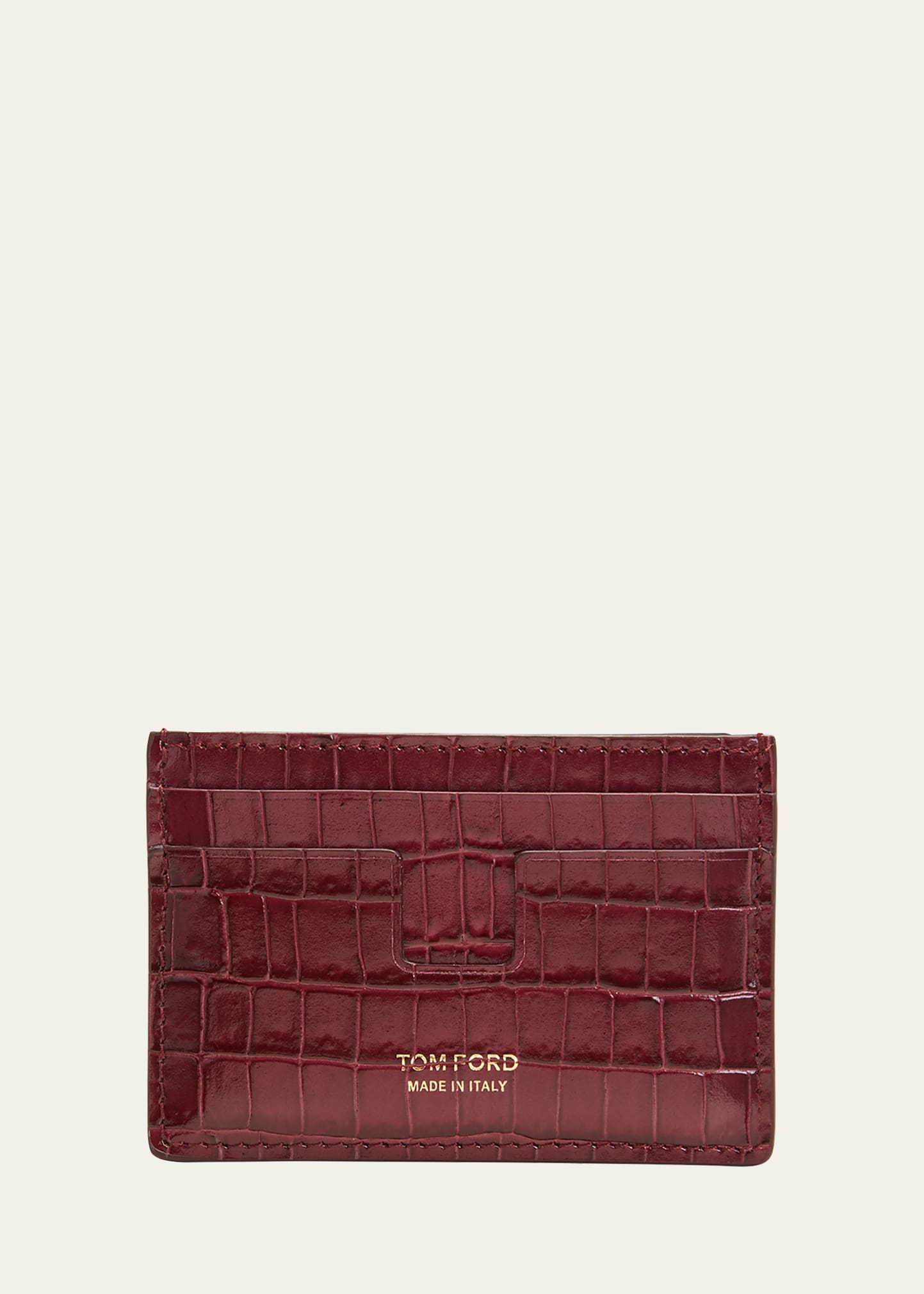Tom Ford Men's Croc-printed Leather T-line Card Holder In Brown