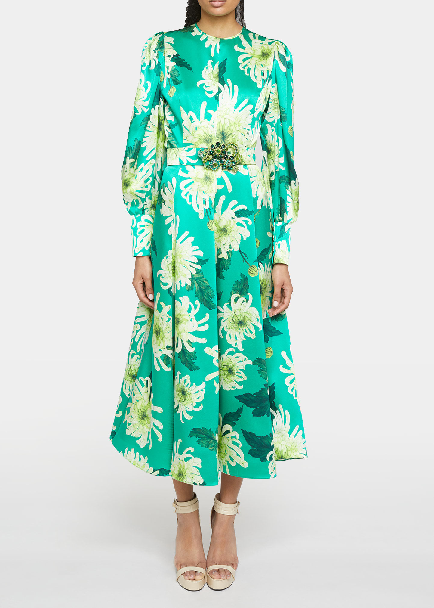 Floral-Print Silk Puff-Sleeve Belted Midi Dress