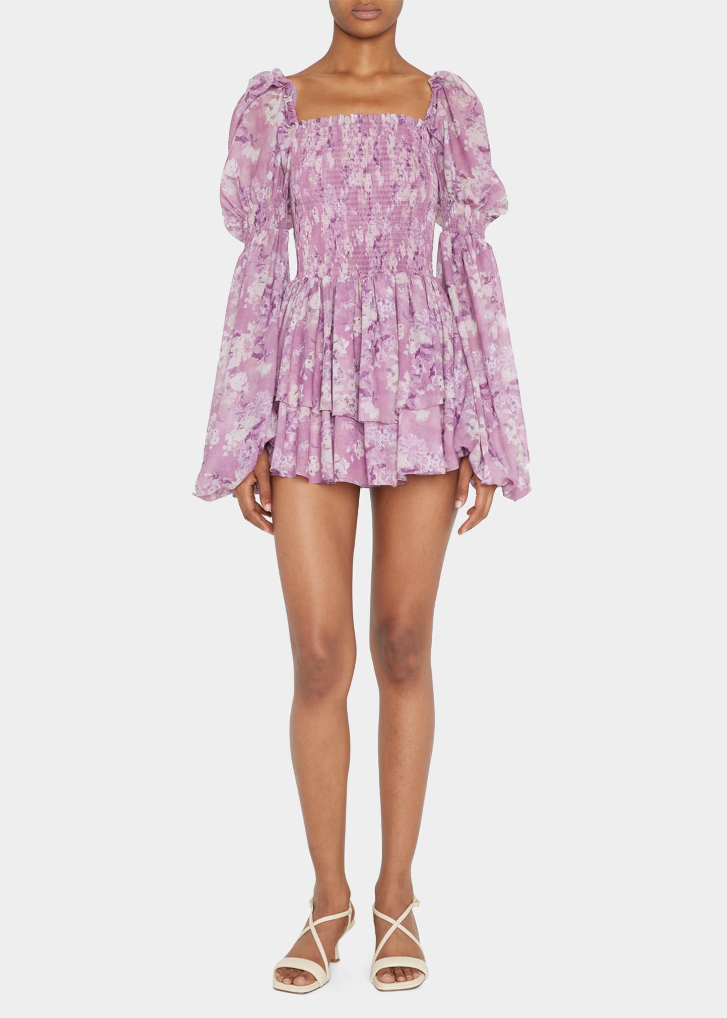 Alexa Tiered Puff-Sleeve Silk Mini Dress