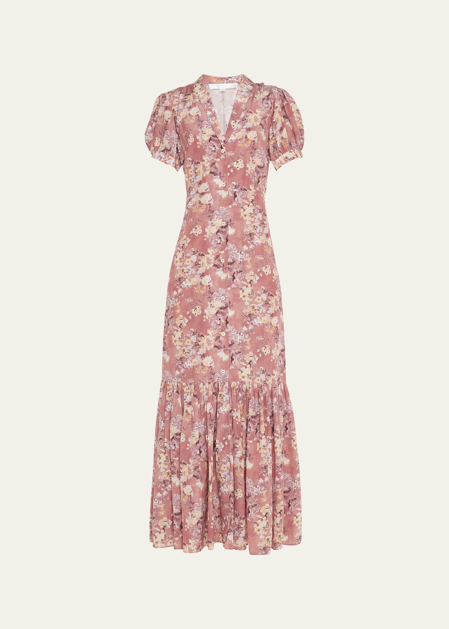 Nancy Puff-Sleeve Button-Front Silk Maxi Dress